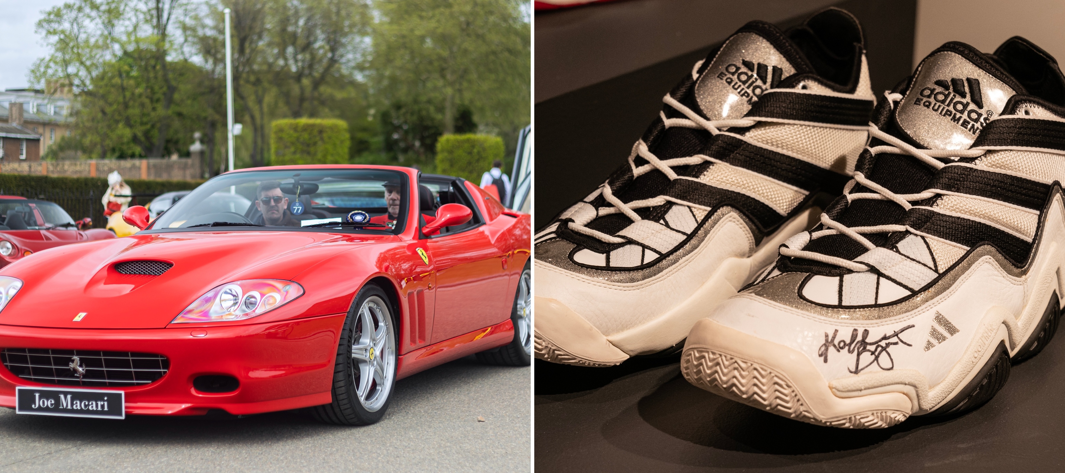 L: Red ferrari, R: Kobe Bryant worn and signed sneakers