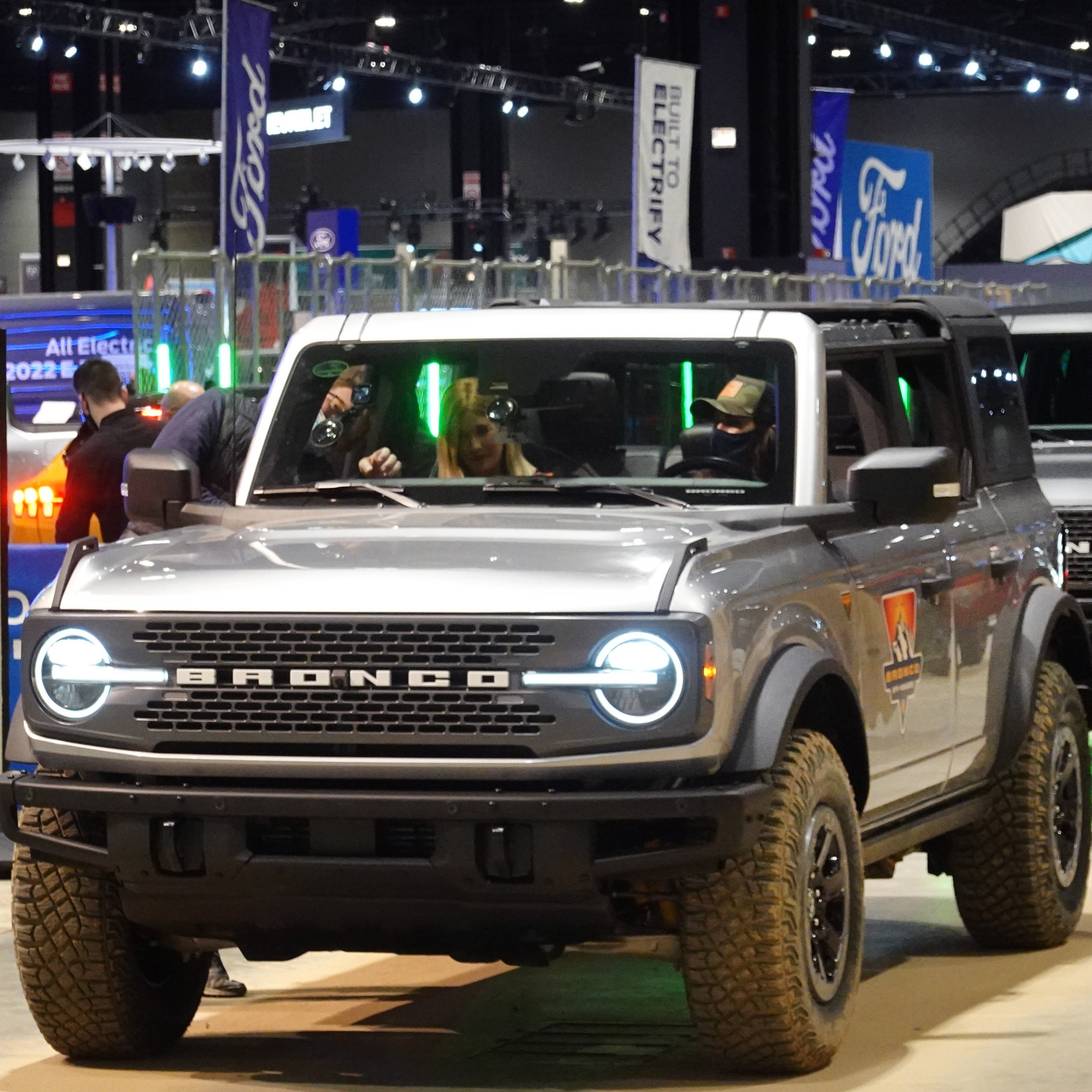 Ford offers rides in the 2022 Bronco Sport on a test track at the Chicago Auto Show.