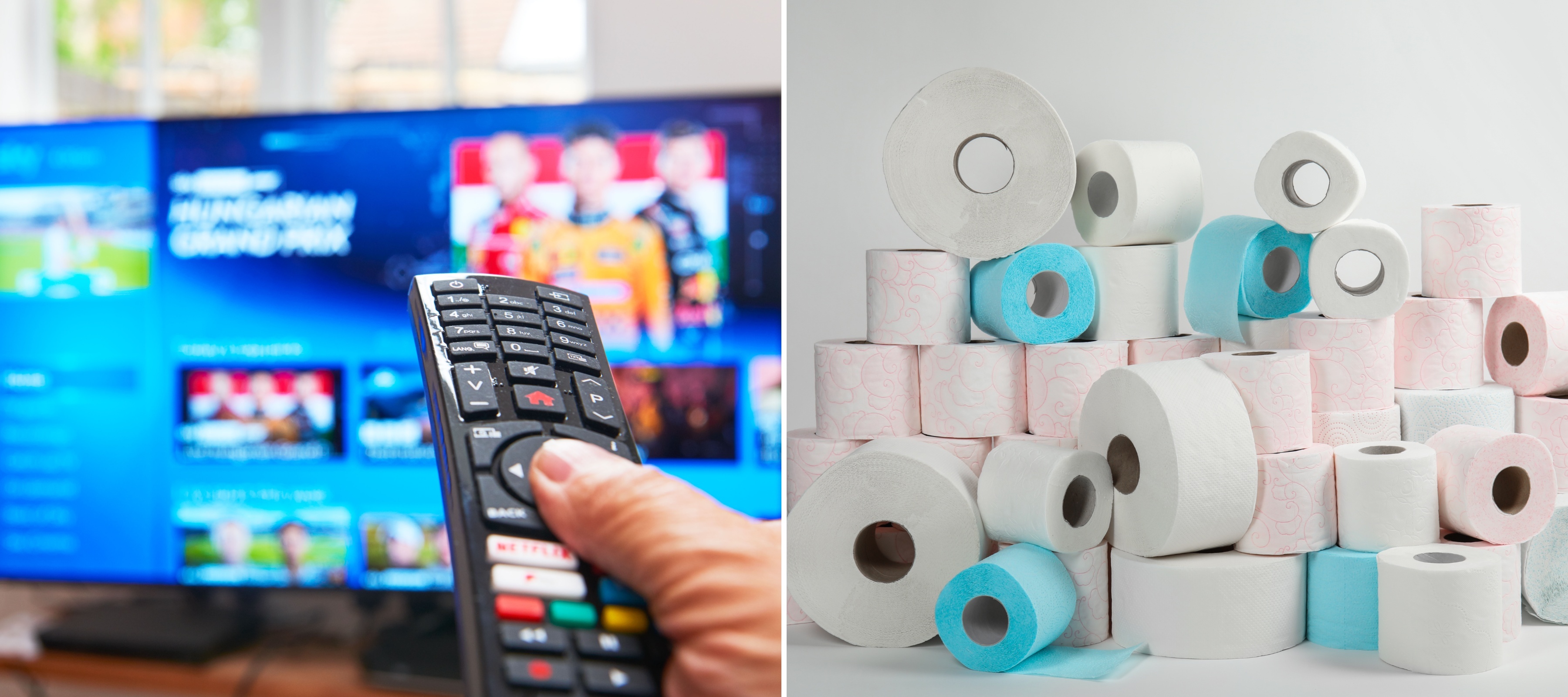 A person scrolling through Netflix on the left, and a pile of toilet paper on the right.