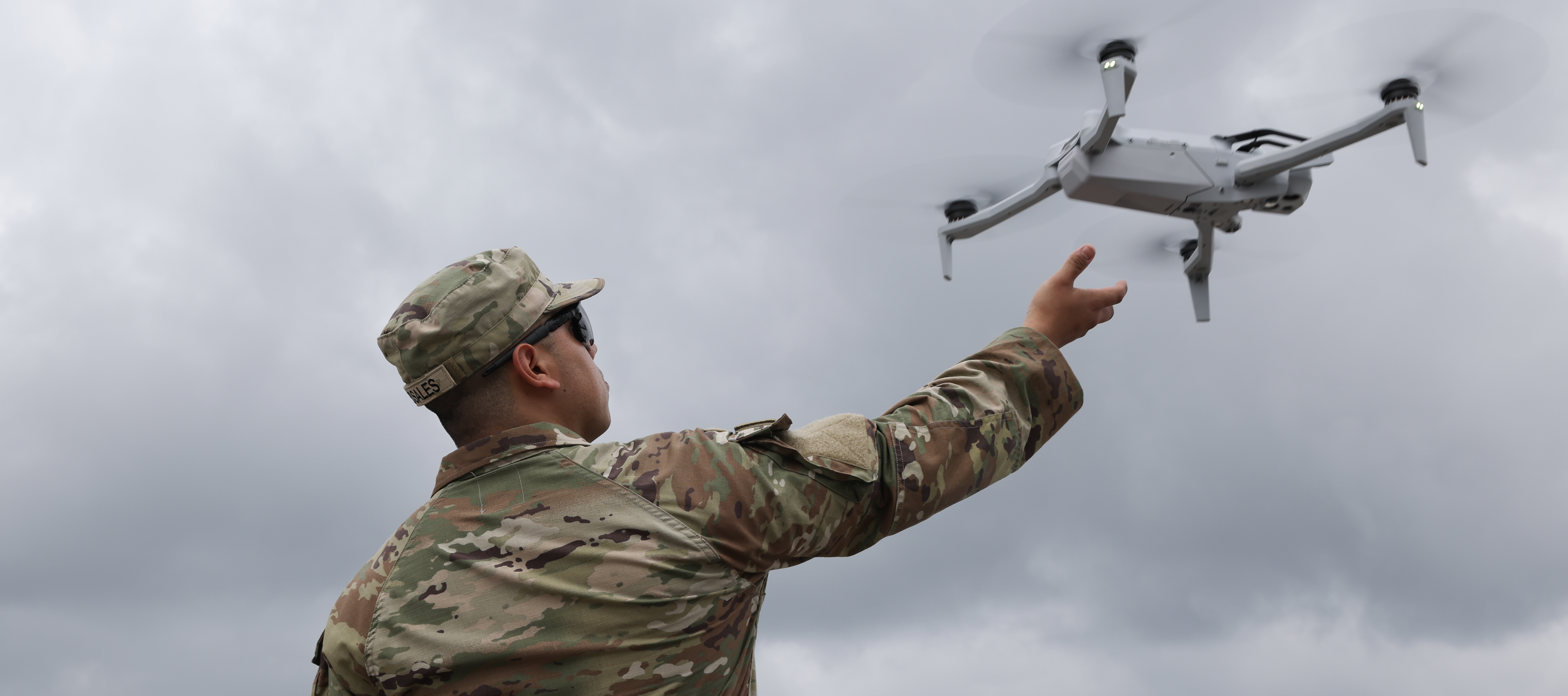 soldier with the 101st Airborne 2-327 Multi-Purpose Company catches a drone in the Pentagon parking lot on June 14, 2025.
