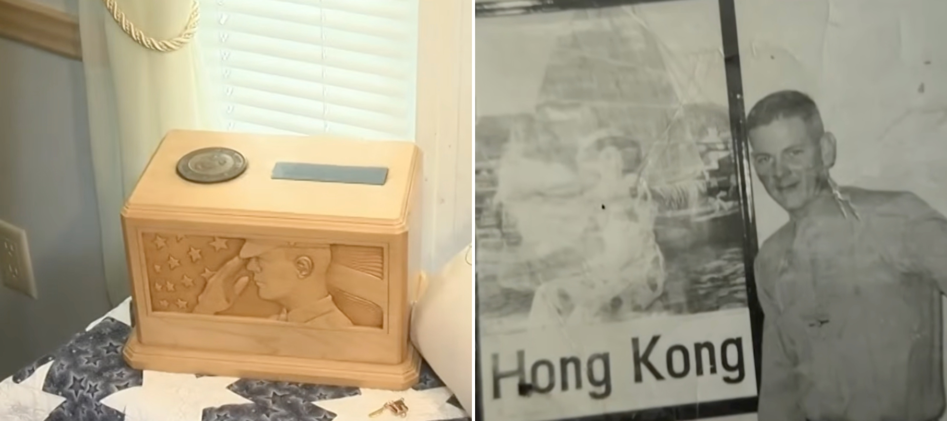 Photo showing the ashes of US marine William Hawkins and an old photo of him