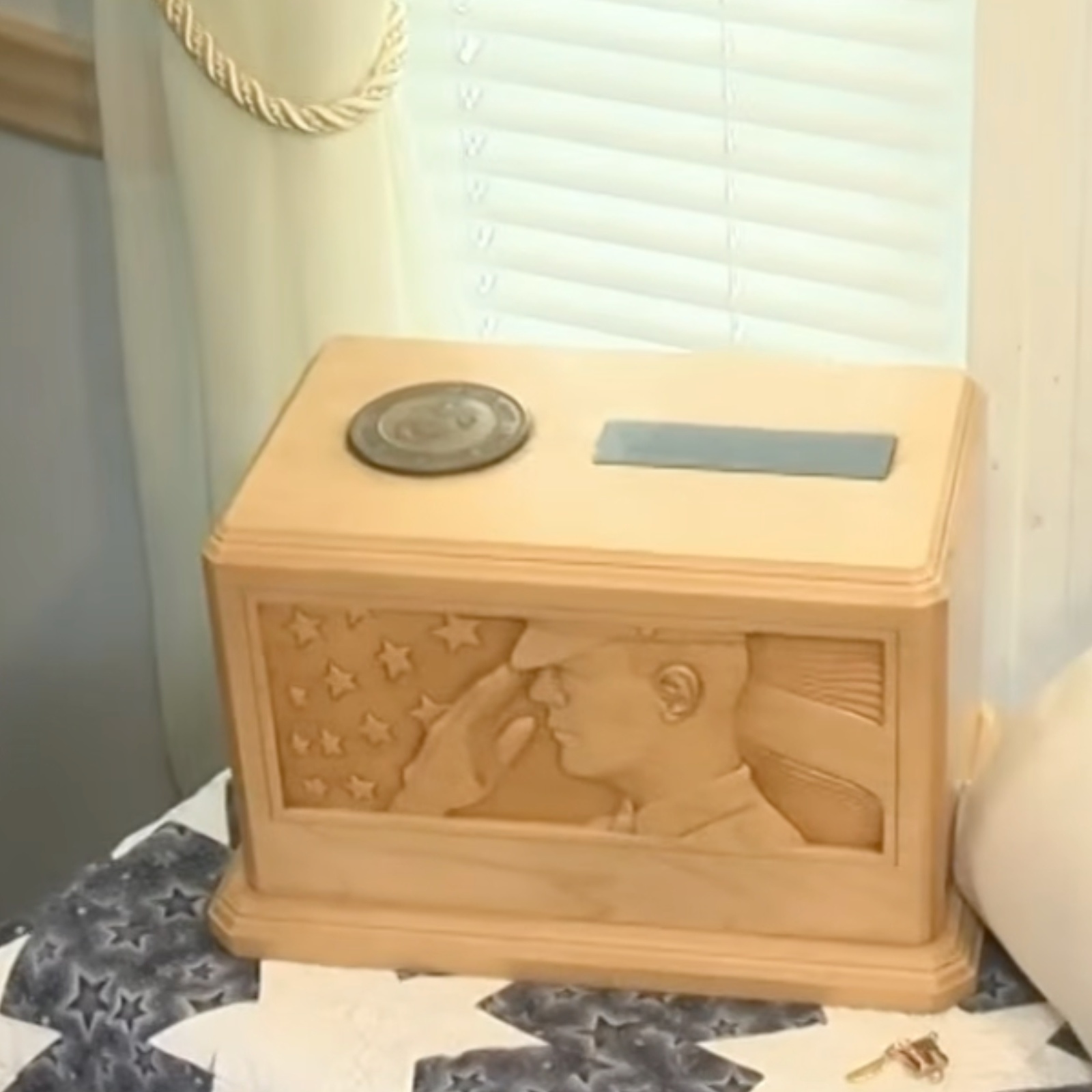 Photo showing the ashes of US marine William Hawkins and an old photo of him