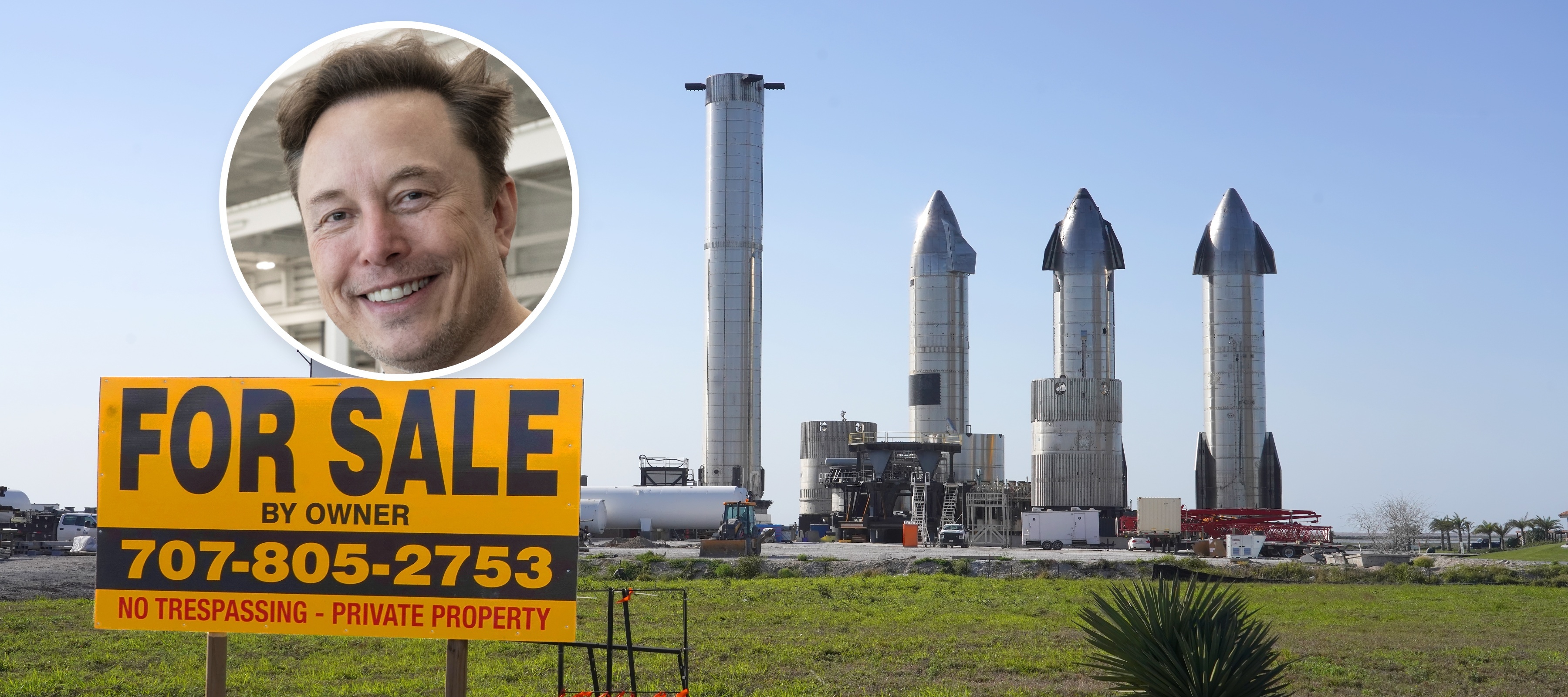 SpaceX rockets sitting in Boca Chica with a bubble overlay of Elon Musk's face