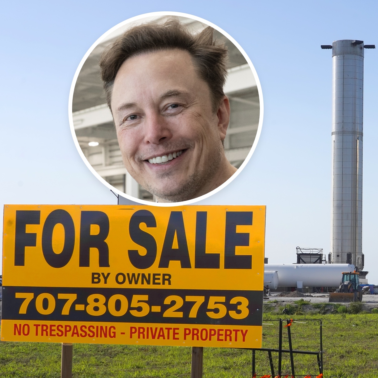 SpaceX rockets sitting in Boca Chica with a bubble overlay of Elon Musk's face