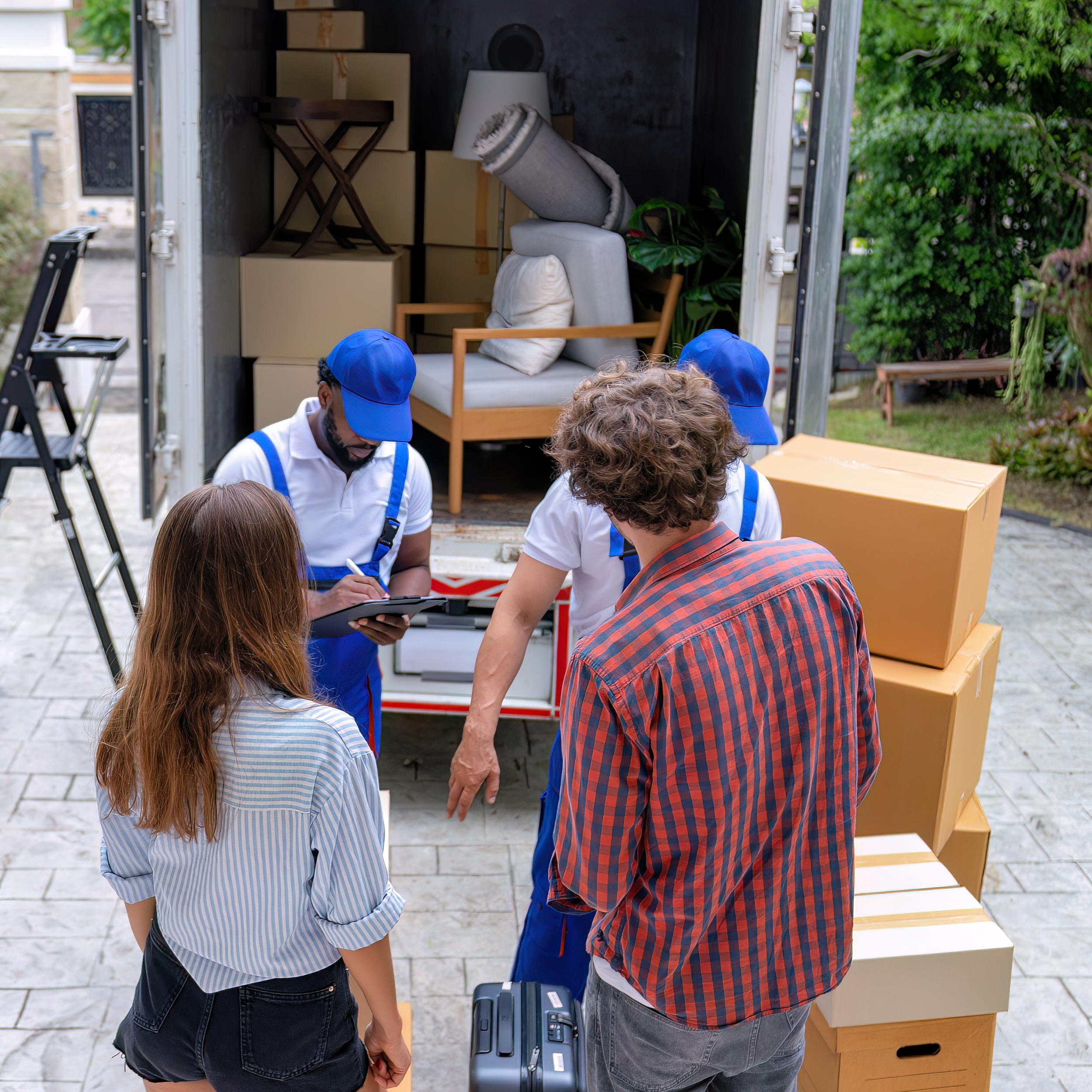 Young couple watching movers pack their stuff into truck