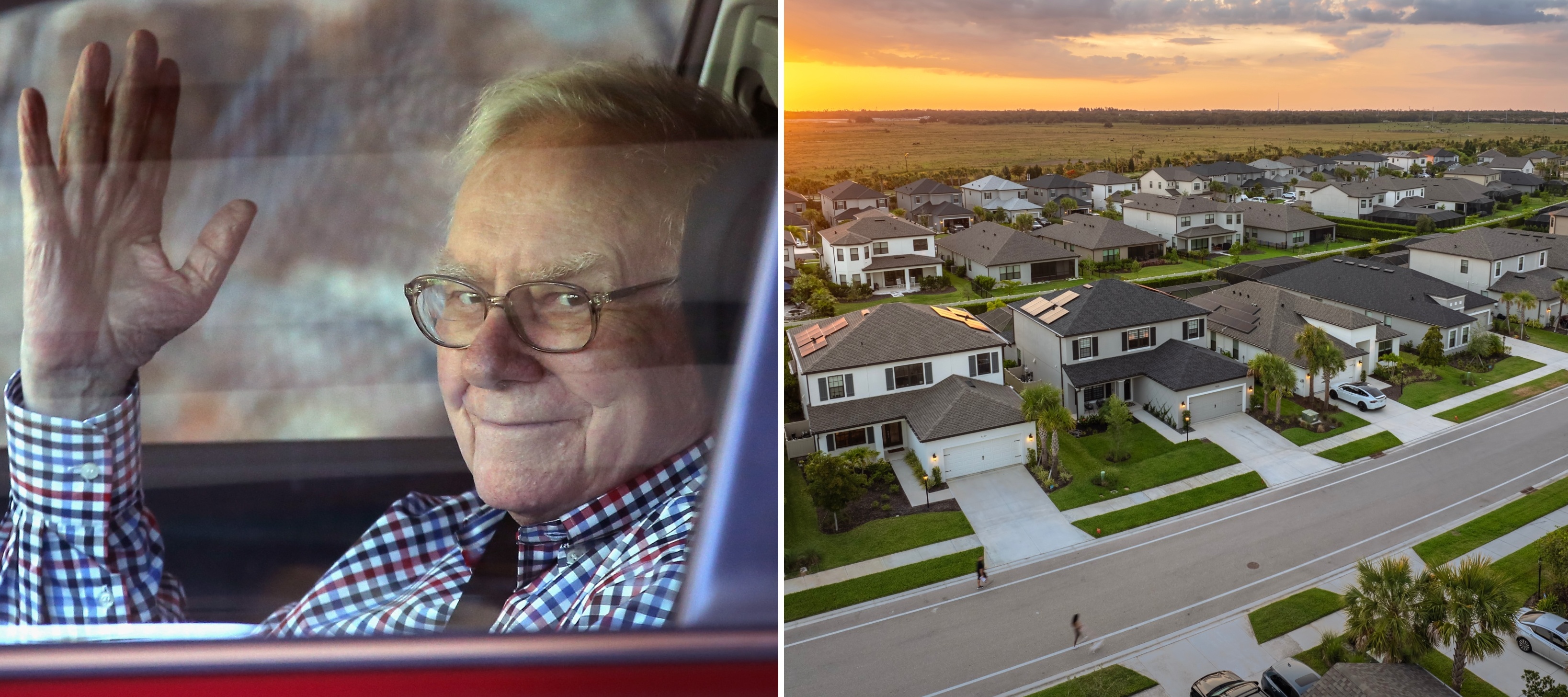 A compilation image of Warren Buffett waving goodbye and an American suburb on a bright summer's day.