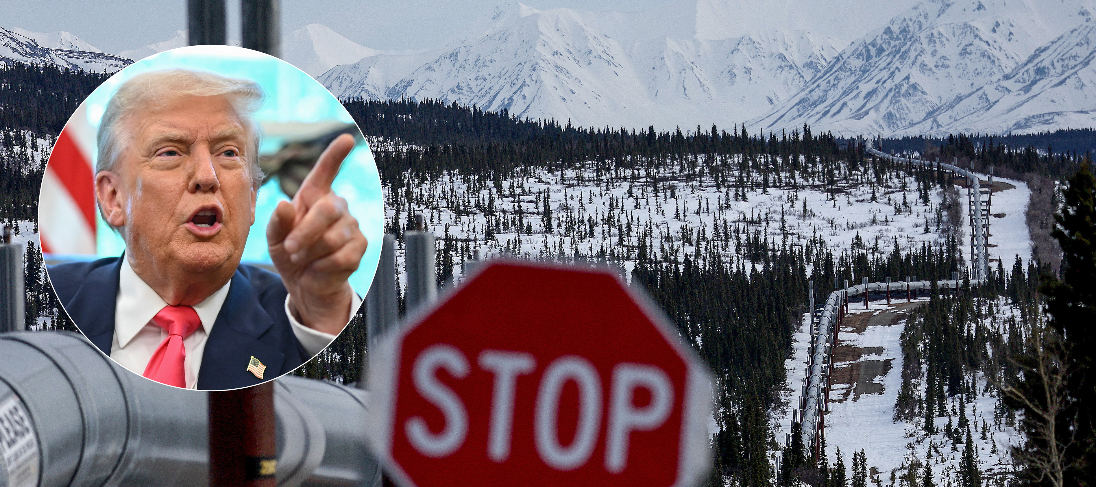 An inset shot of President Donald Trump is contrasted by the Trans-Alaska oil pipeline.