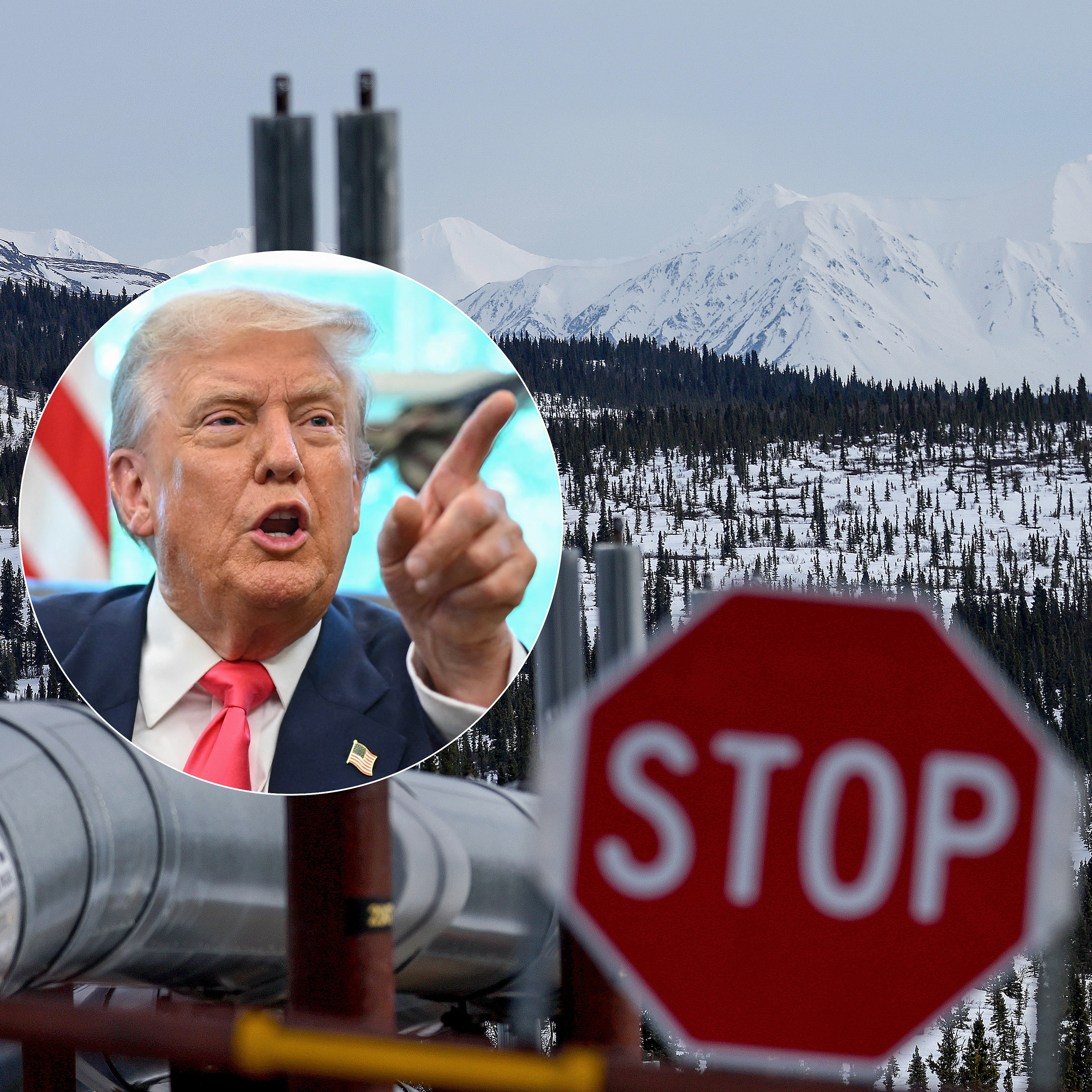 An inset shot of President Donald Trump is contrasted by the Trans-Alaska oil pipeline.