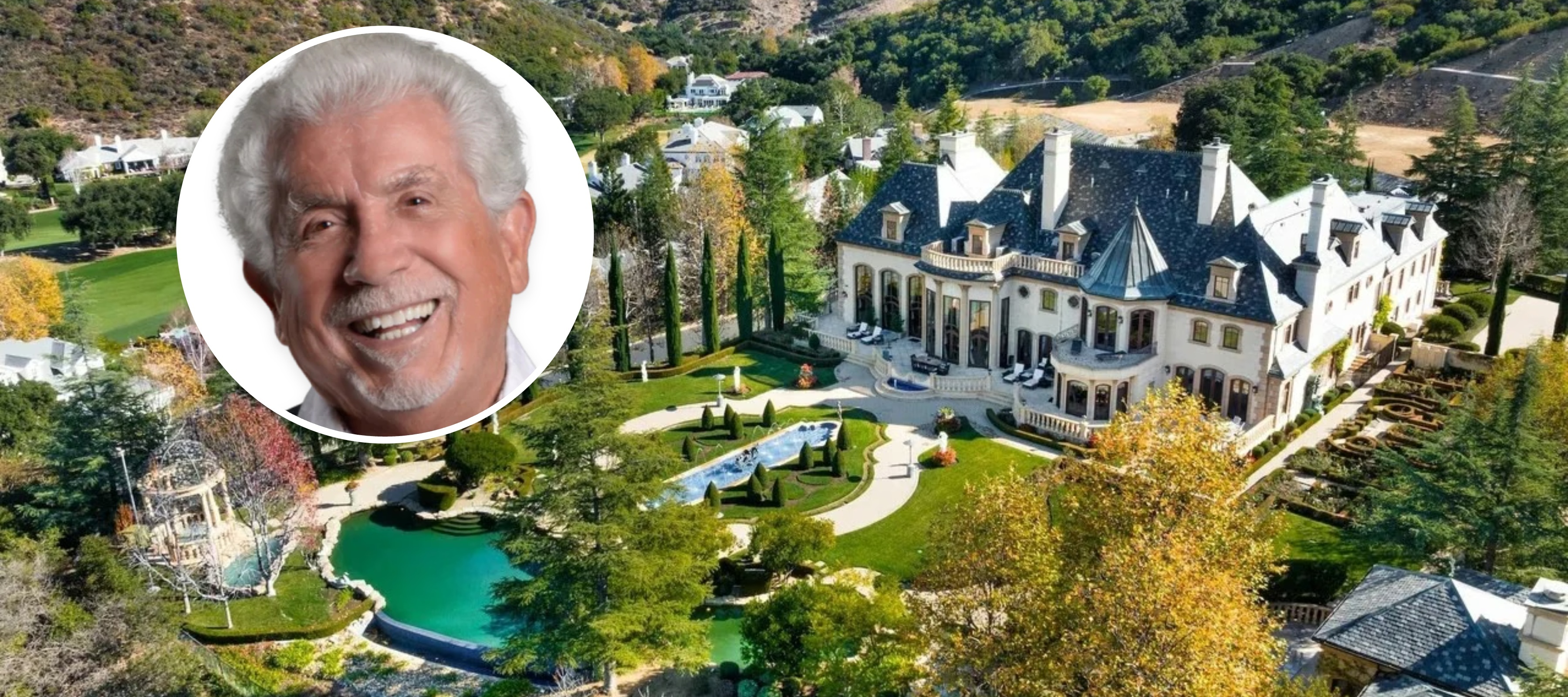 An aerial view of Chateau Plaisance in Lake Sherwood Country Club, with Hugh Cassar's face in a bubble