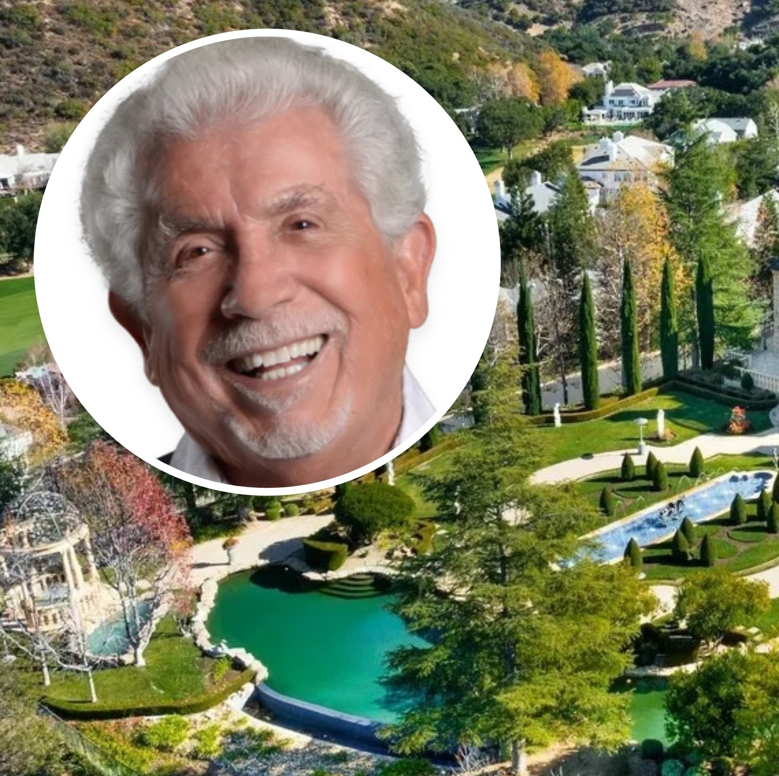 An aerial view of Chateau Plaisance in Lake Sherwood Country Club, with Hugh Cassar's face in a bubble