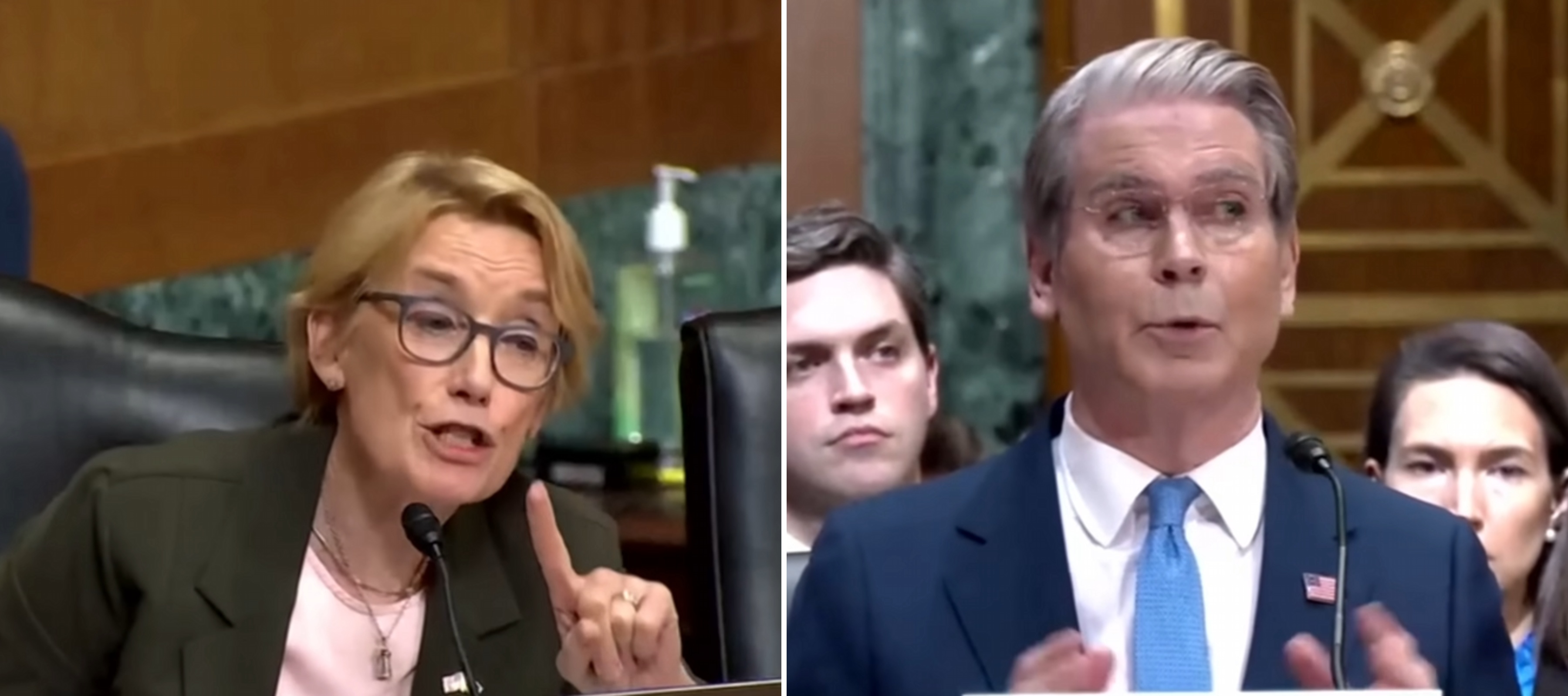 A compilation image of Sen. Maggie Hassan and Treasury Secretary Scott Bessent at a Senate Finance Committee hearing.