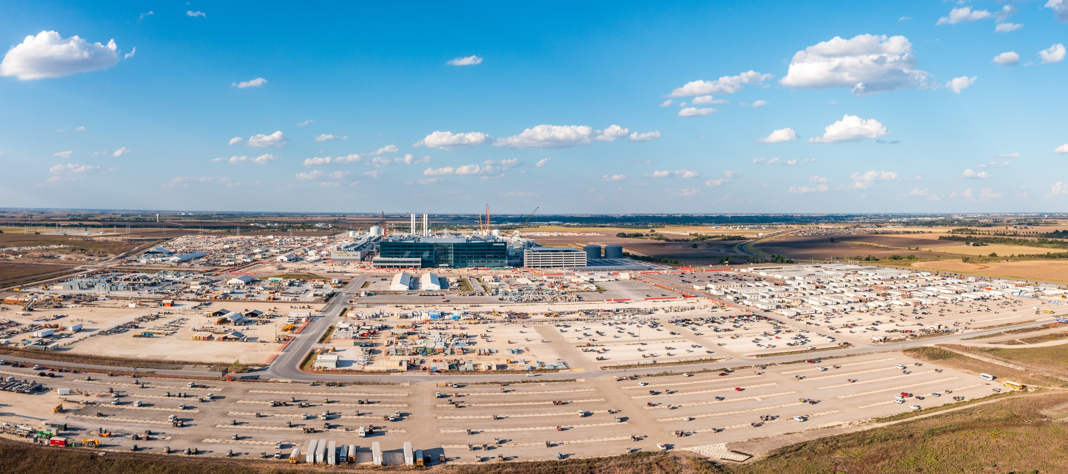 An aerial view of Taylor, Texas, showing off construction of a semiconductor fab