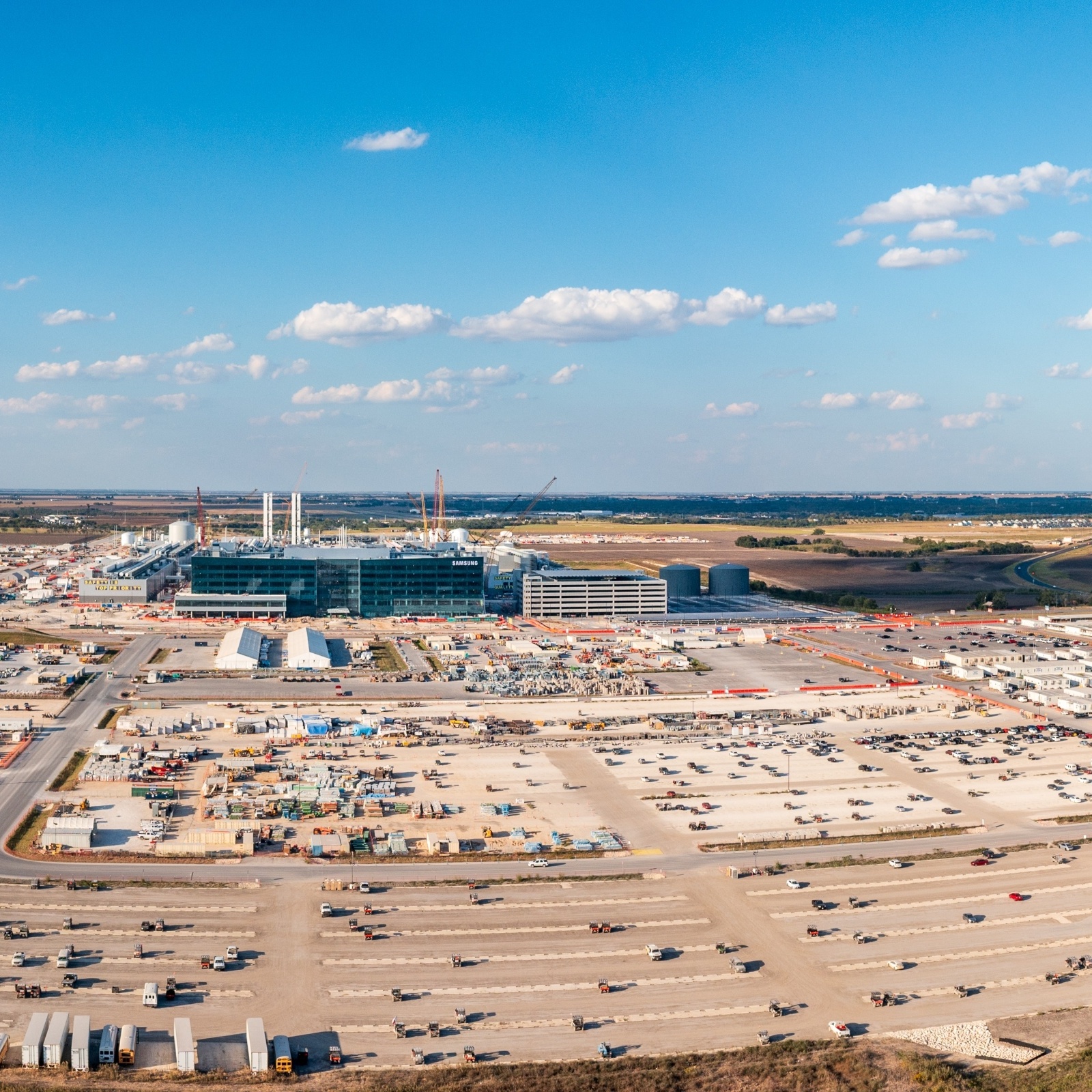 An aerial view of Taylor, Texas, showing off construction of a semiconductor fab