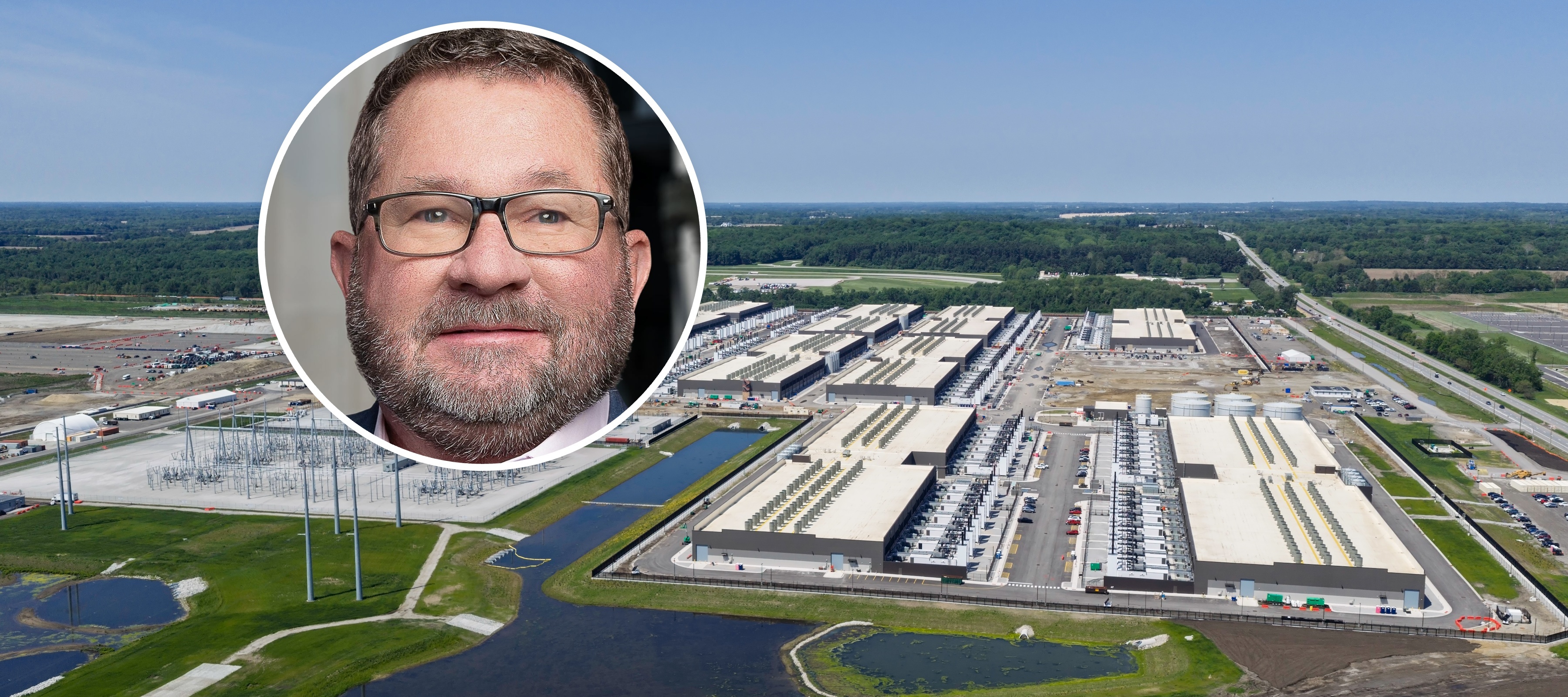 An aerial view of a data center in Indiana, with Shelbyville Mayor Scott Furgeson in a bubble over it