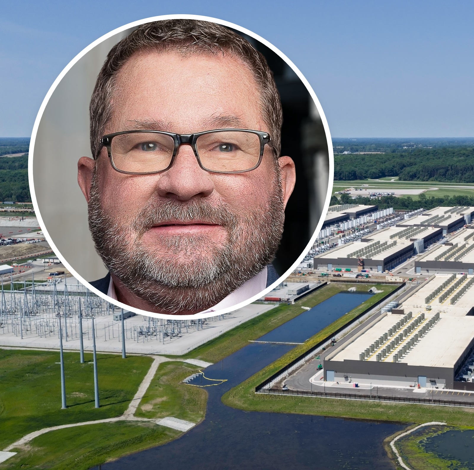 An aerial view of a data center in Indiana, with Shelbyville Mayor Scott Furgeson in a bubble over it