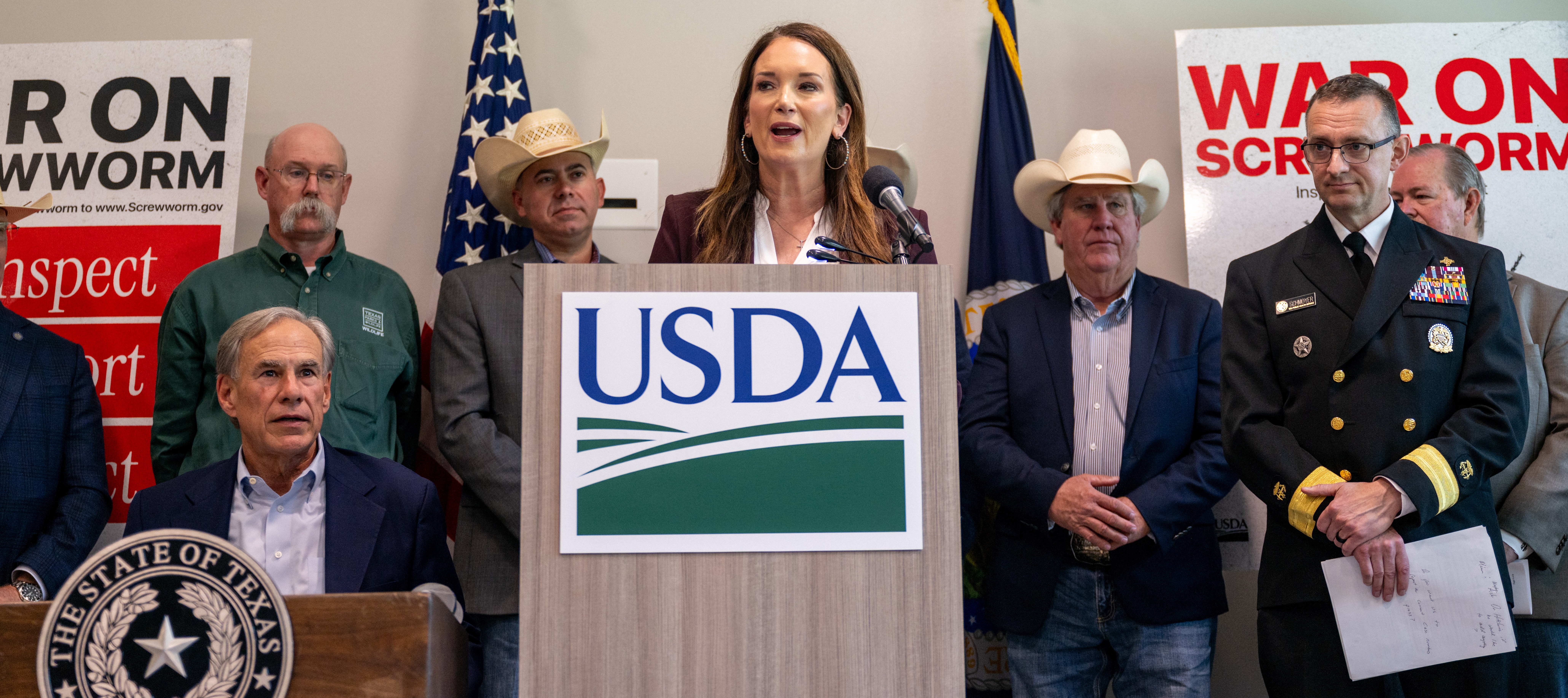 Agriculture Secretary Brooke Rollins speaks alongside Gov. Greg Abbott, ranchers, and health officials during a press conference about New World screwworm.