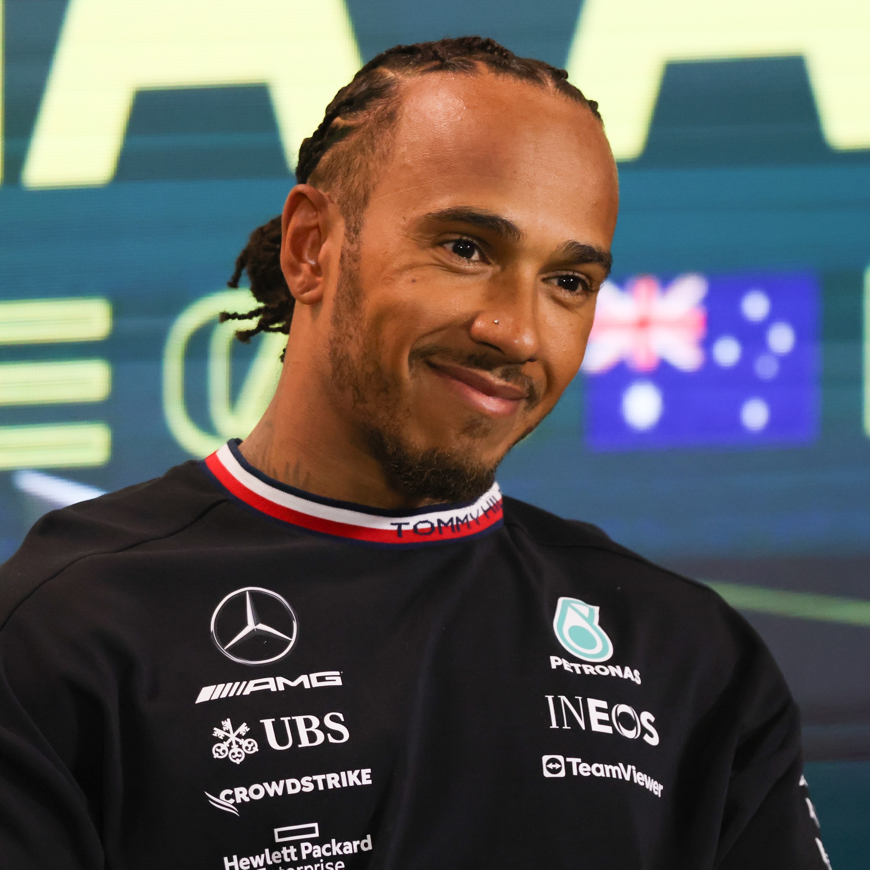 F1 racecar driver Lewis Hamilton is photographed 2023 at the Australian Formula 1 Grand Prix.