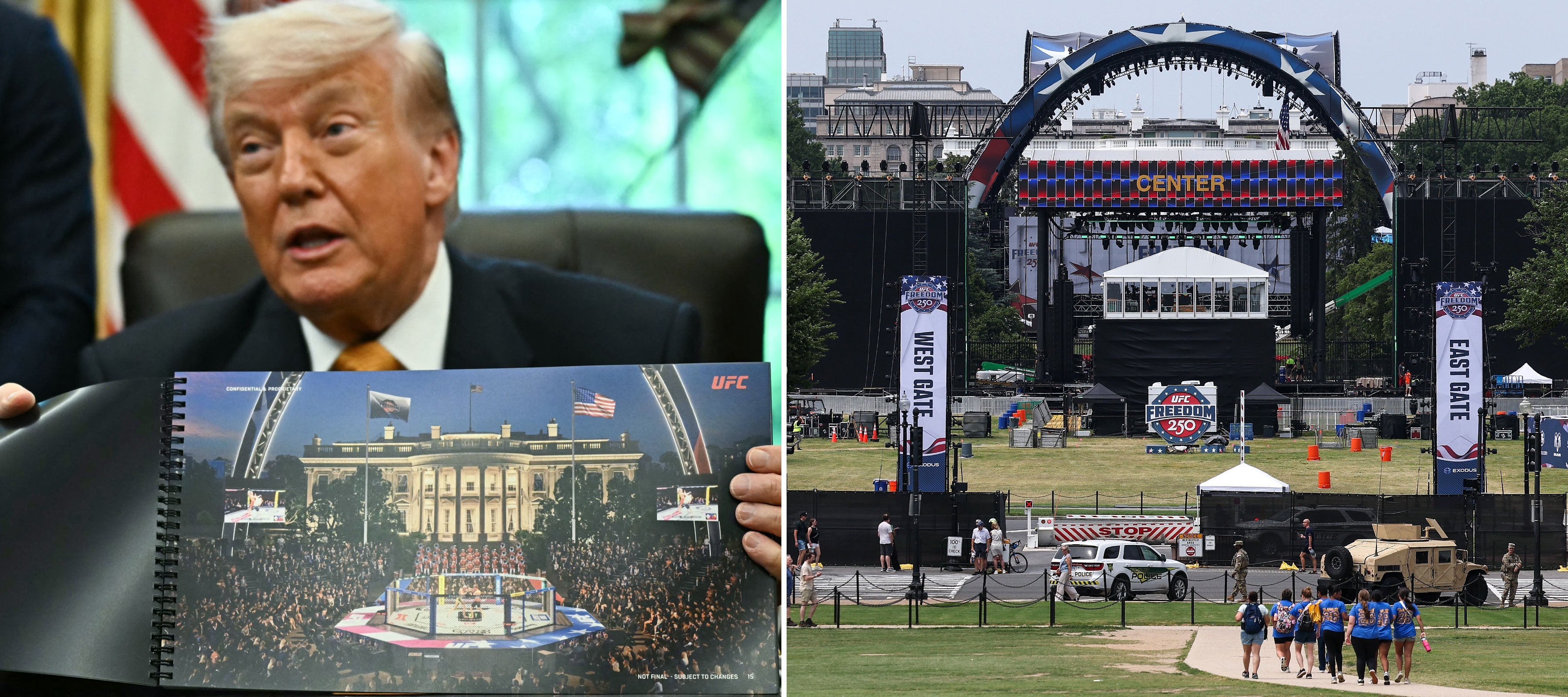 Left: President Donald Trump holding a rendering of event Right: Preparations for the event.