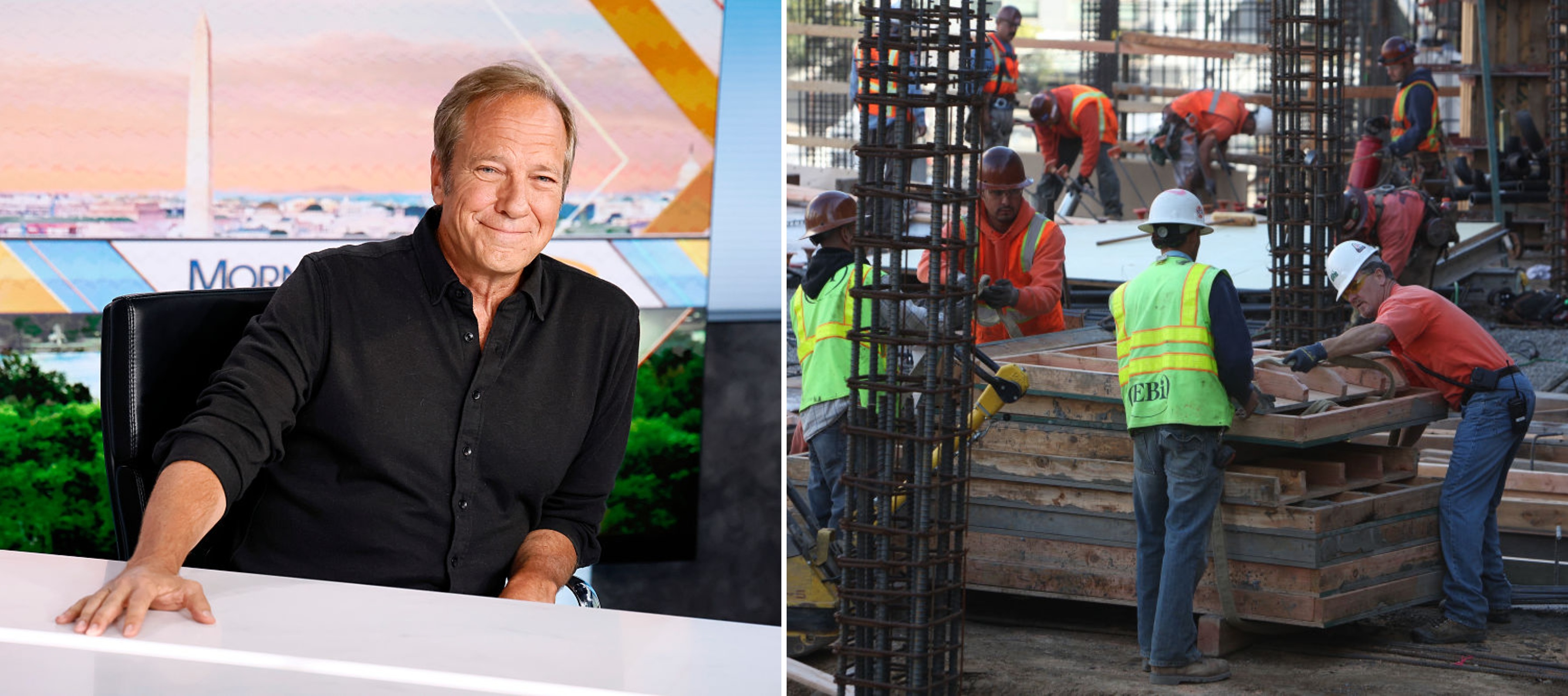 Photo of Mike Rowe, host of "Dirty Jobs," and construction workers.