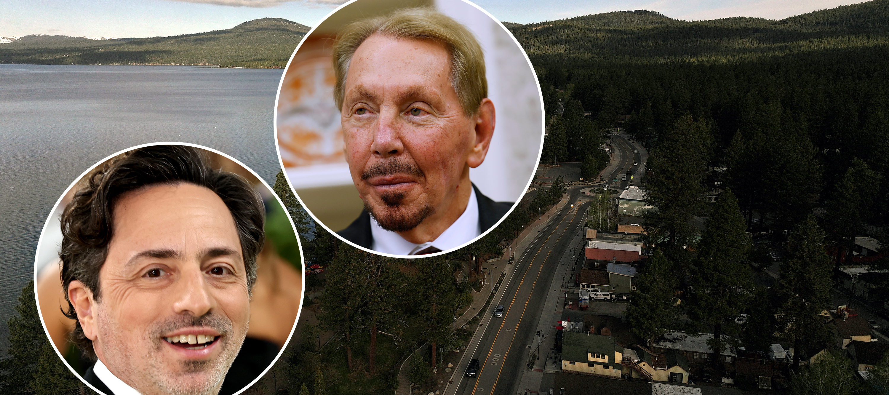 A photo collage of Incline Village, Nevada with Sergey Brin and Larry Ellison.