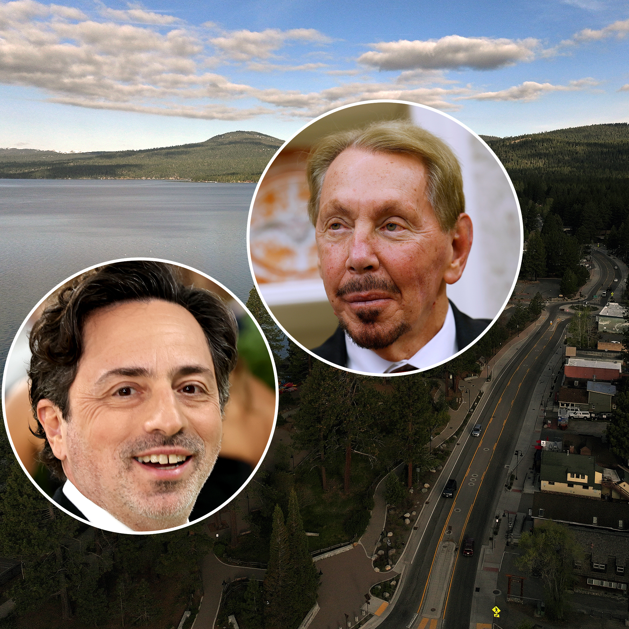 A photo collage of Incline Village, Nevada with Sergey Brin and Larry Ellison.