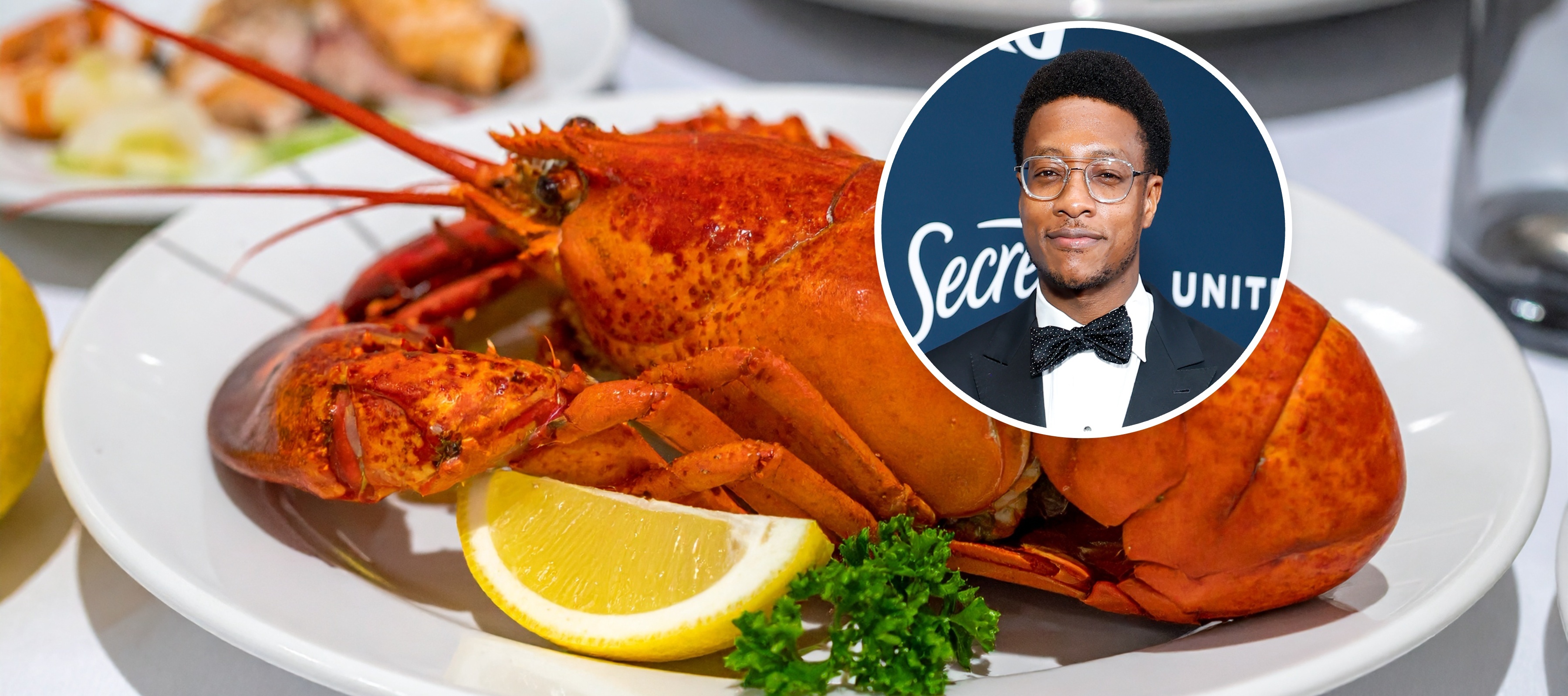 A cooked lobster sitting on a plate, with a bubble overlay showing Red Lobster CEO Damola Adamolekun