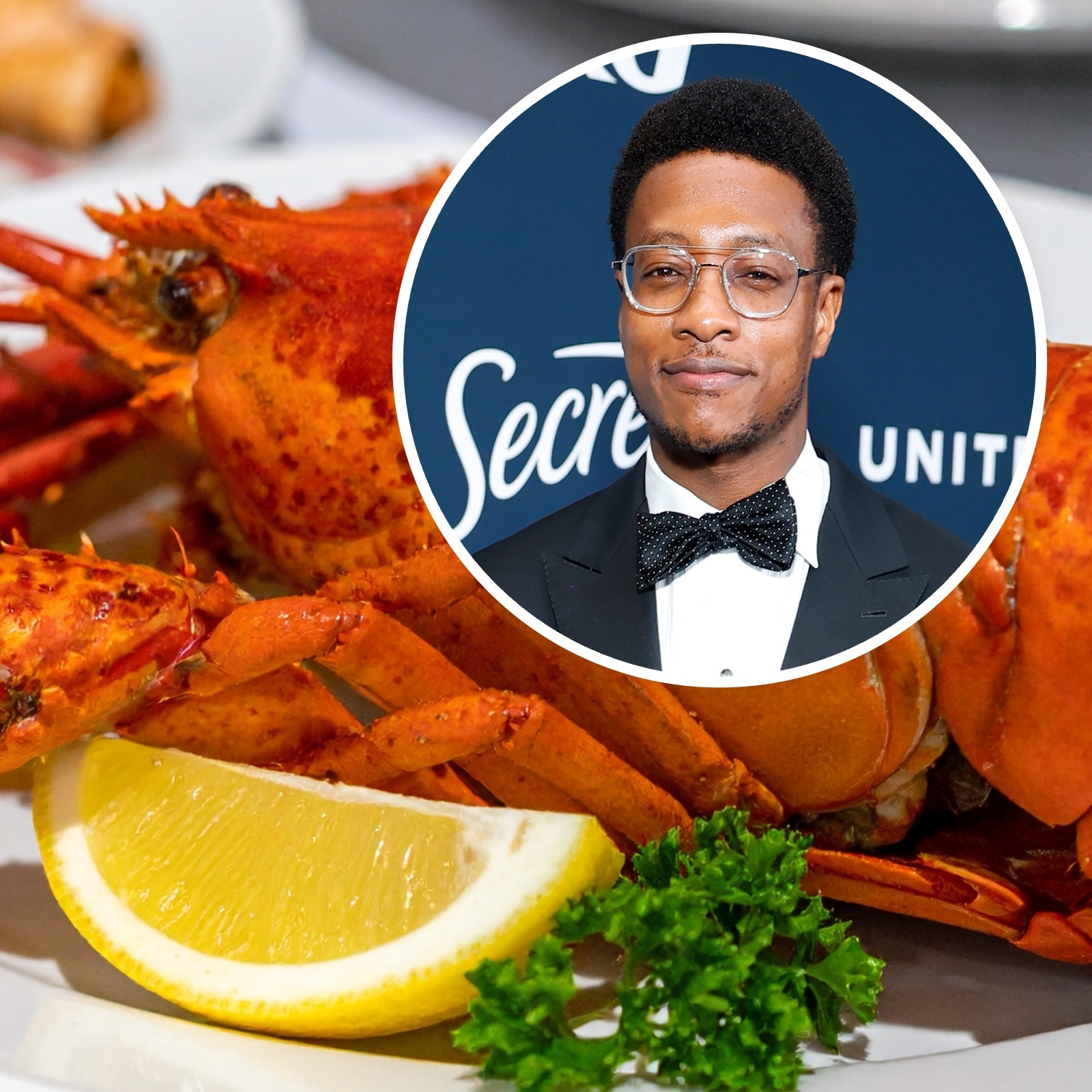 A cooked lobster on a plate with a bubble overlay featuring Red Lobster CEO Damola Adamolekun