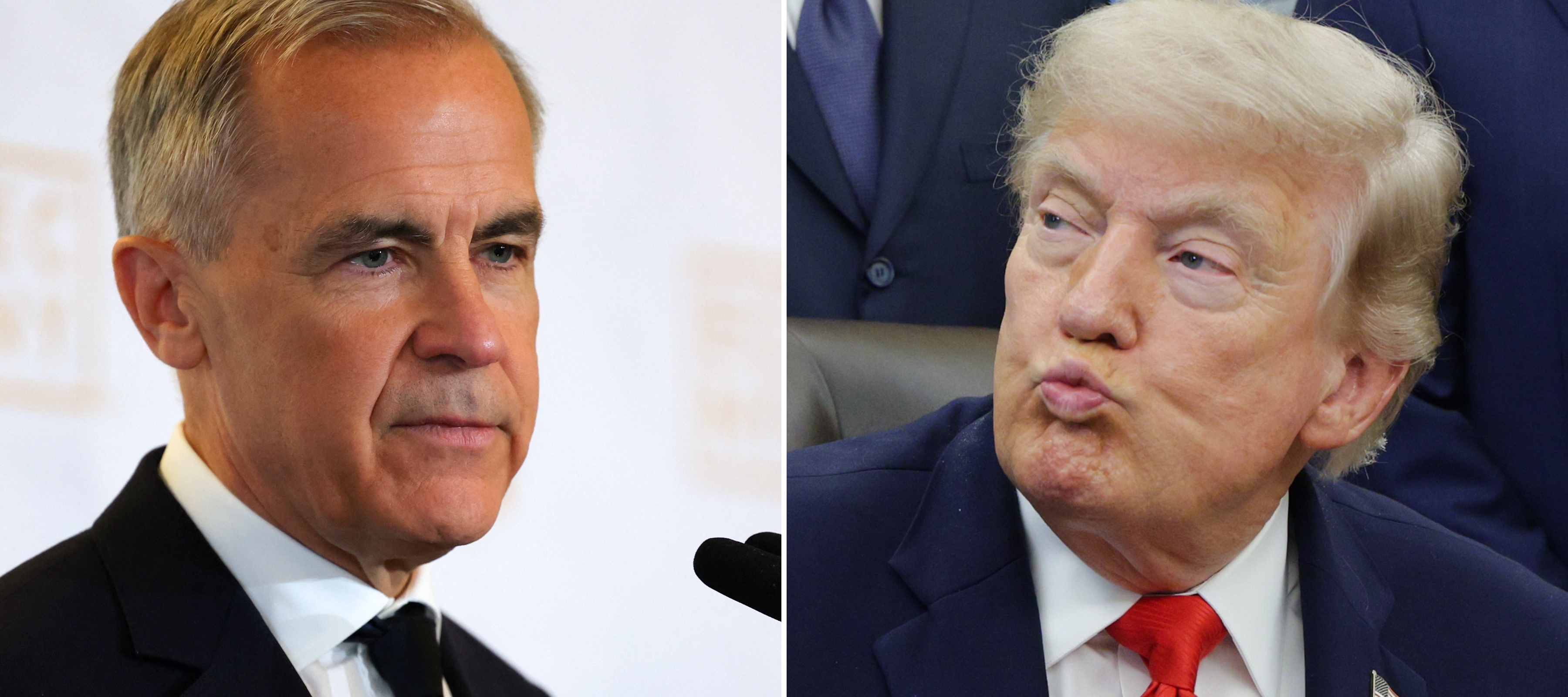 A composite image of Canadian Prime Minister Mark Carney and an unrelated image of U.S. President Donald Trump.