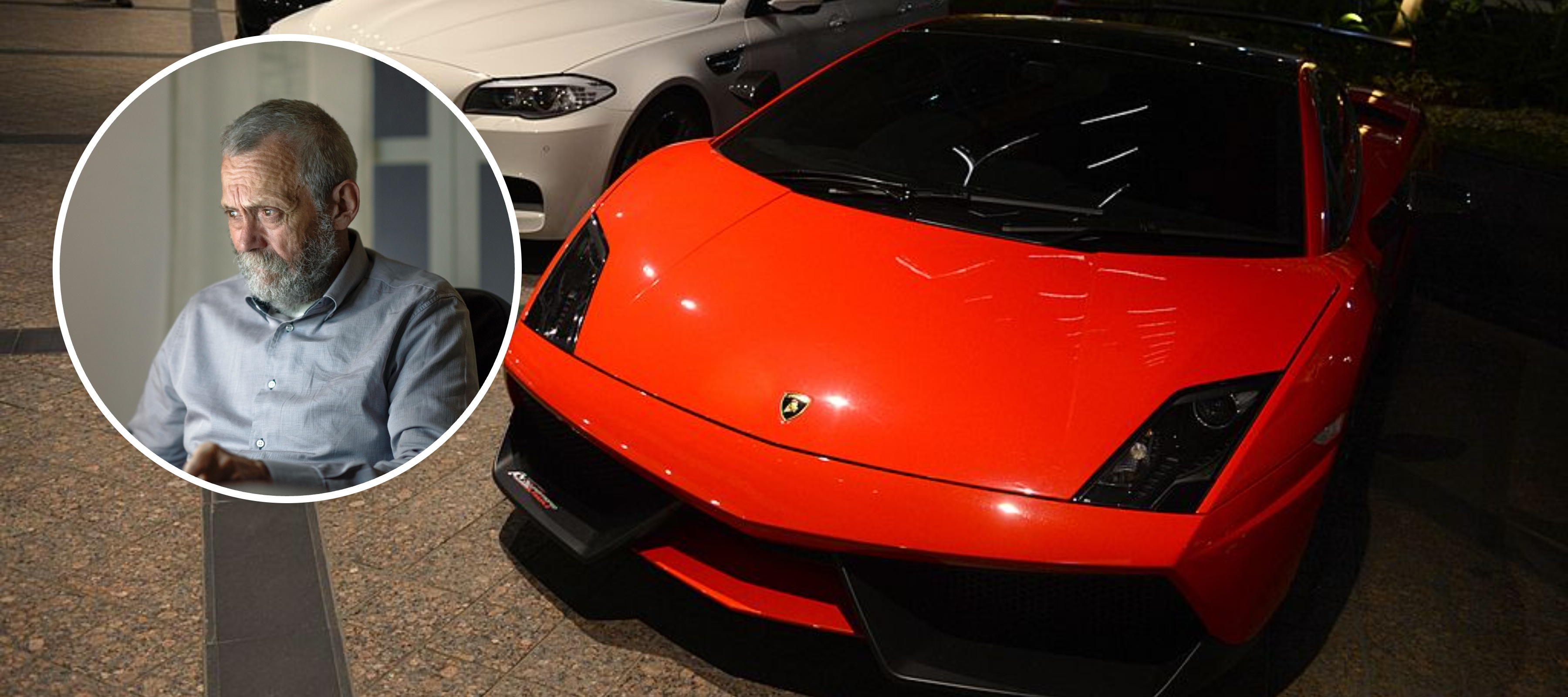 red lambo and sad older man
