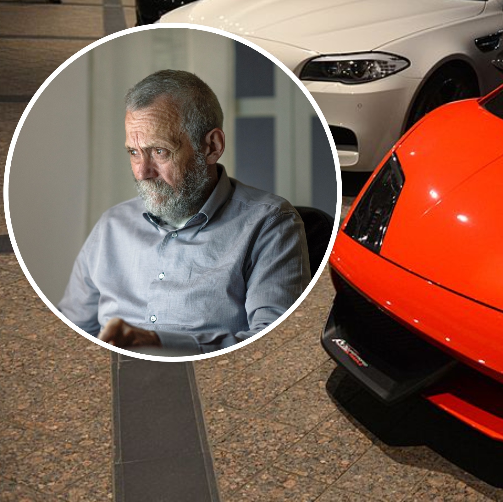 red lambo and sad older man