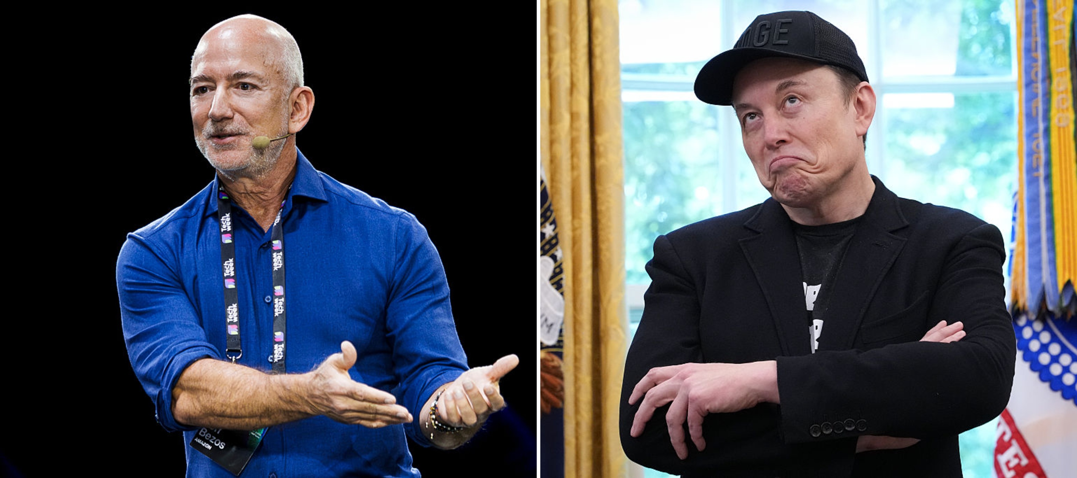 Side-by-side collage of Jeff Bezos and Elon Musk
