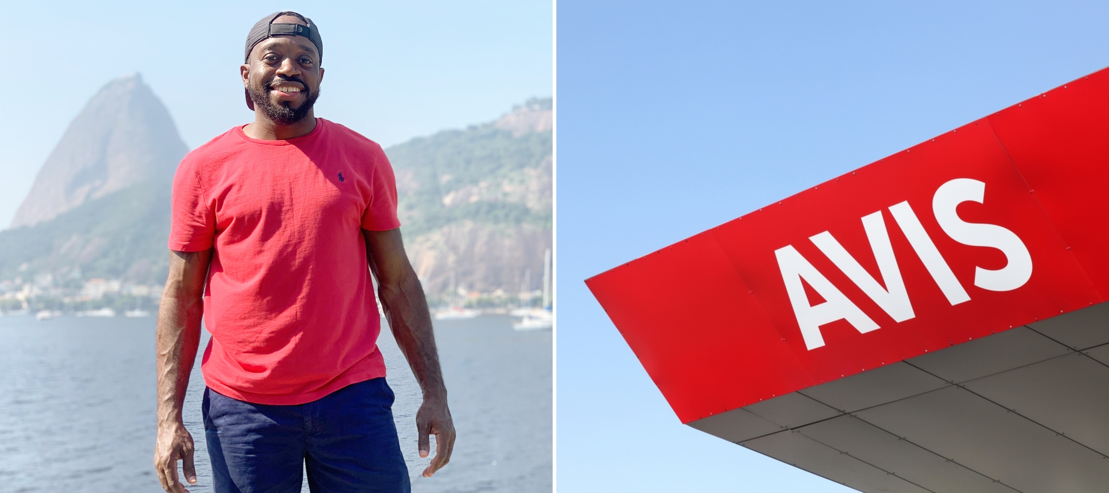 A photo of a NJ man next to an Avis car rental sign