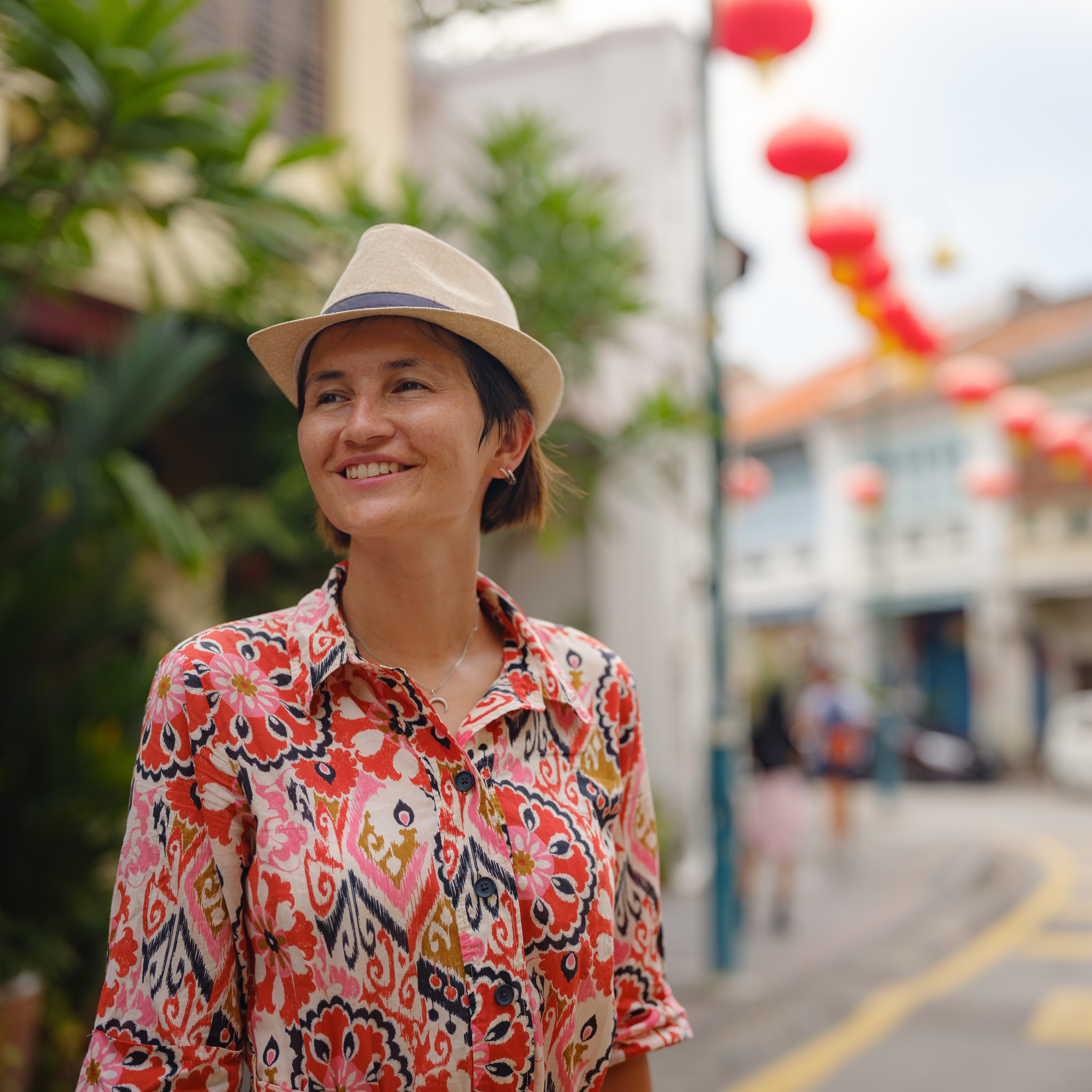woman exploring colourful city