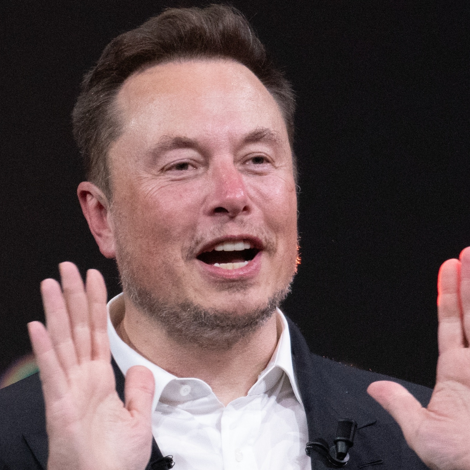 Elon Musk holds up both hands in the air