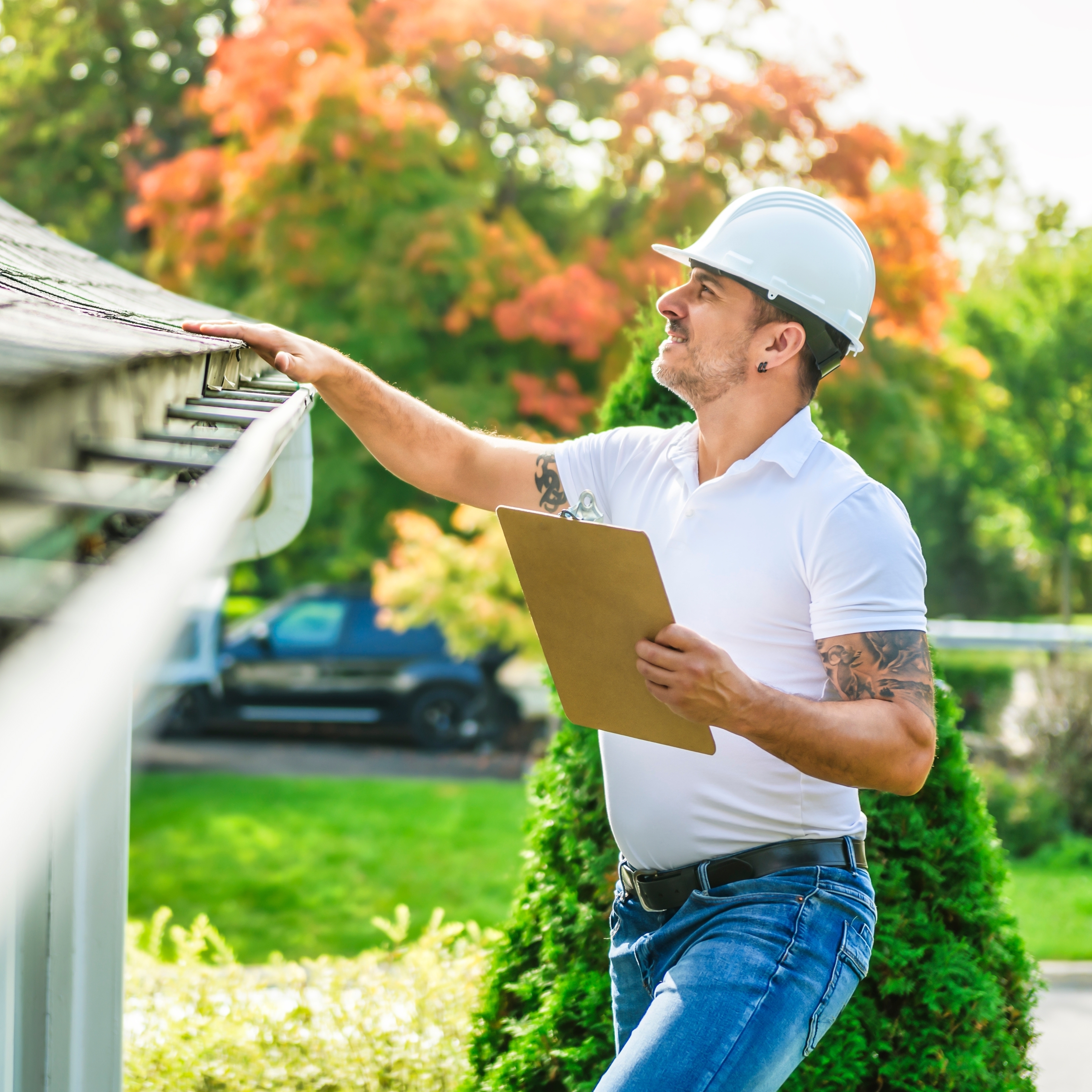 A man stands on a ladder wearing a hard hat, inspecting the roof of a home.