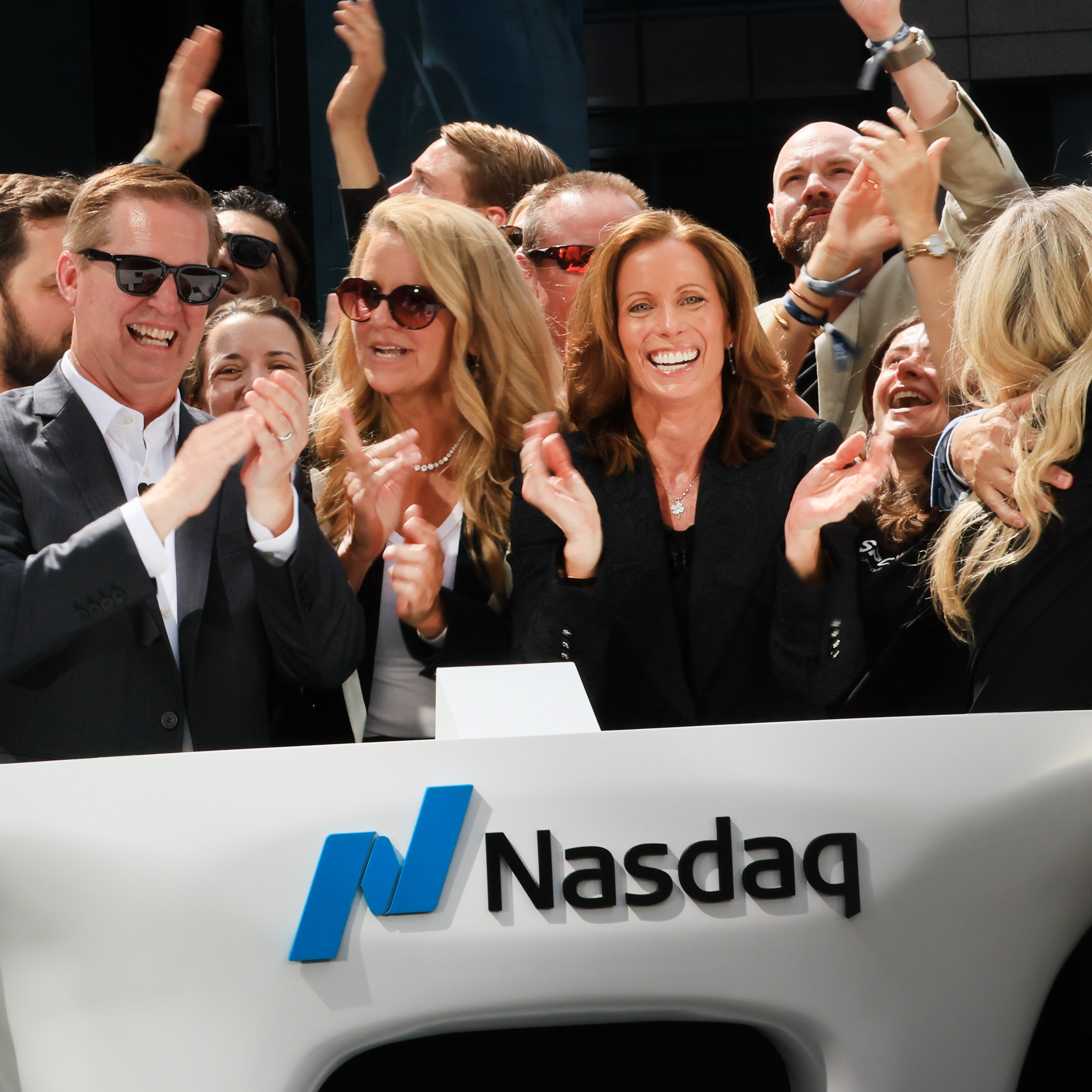 SpaceX employees celebrate the market close of the SpaceX initial public offering (IPO) at the Nasdaq on June 12, 2026, in New York City.