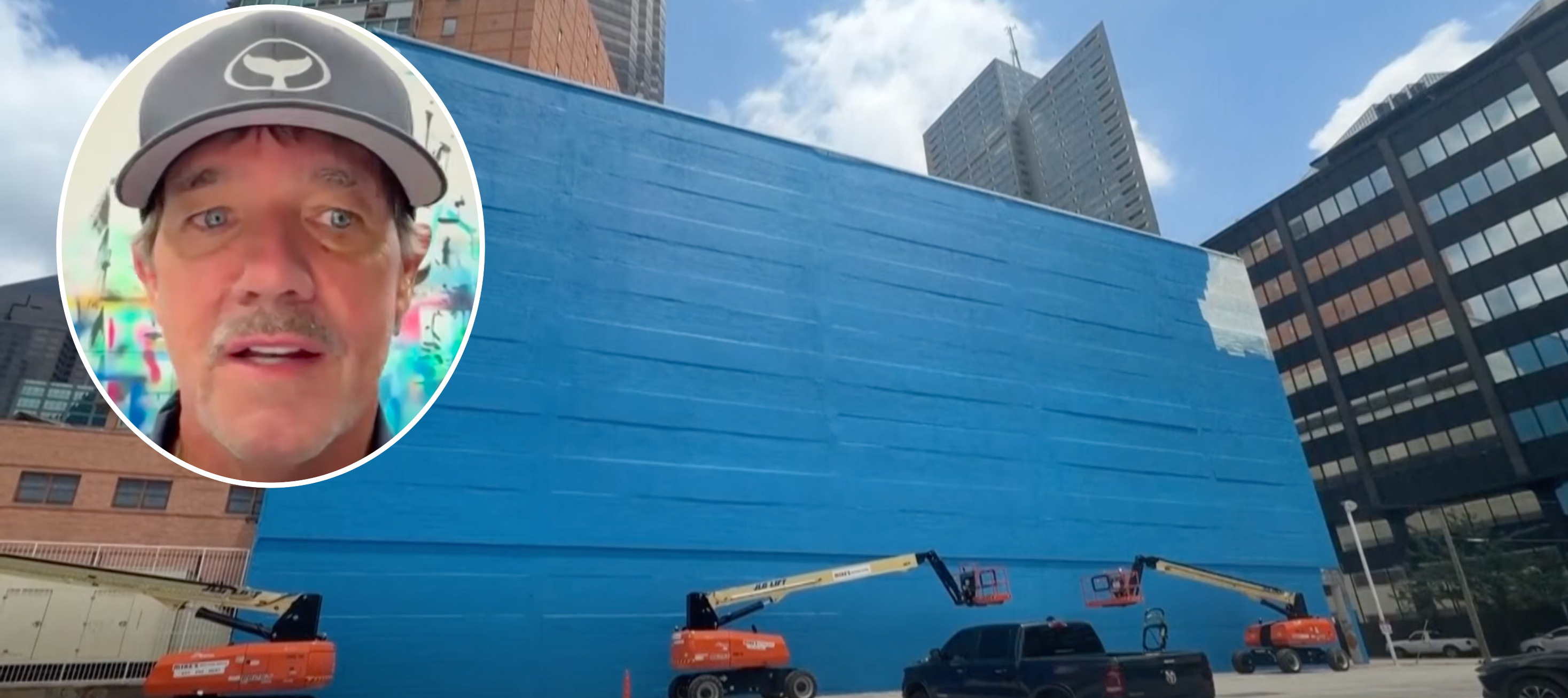 Artist Wyland, inset, talks about his "Whaling Wall" mural being painted over.