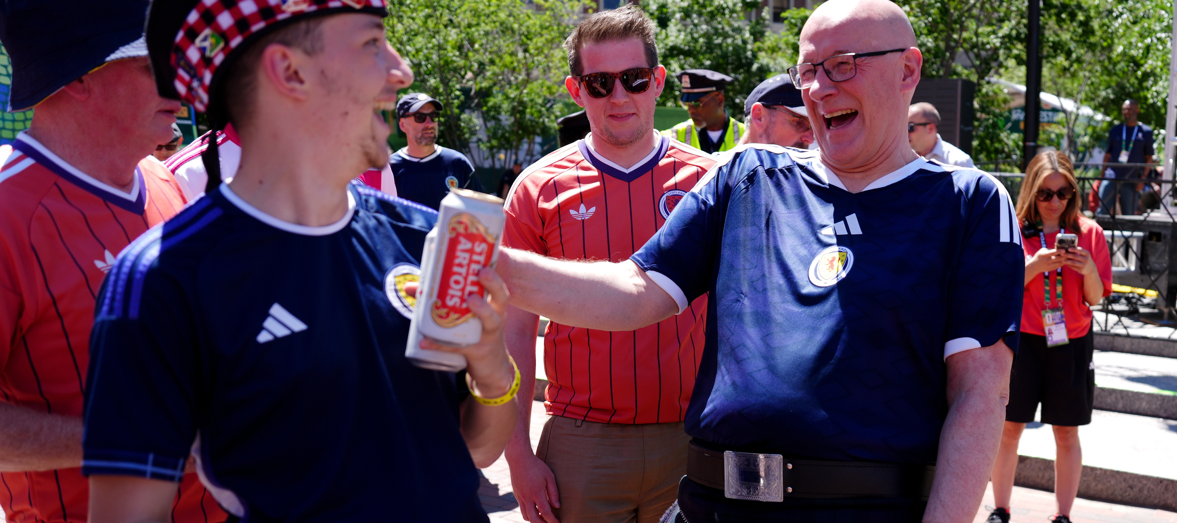 Scottish First Minister John Swinney (right) with Scotland fans at the FIFA Fan Festival ahead of the FIFA World Cup, Group C match between Haiti and Scotland.