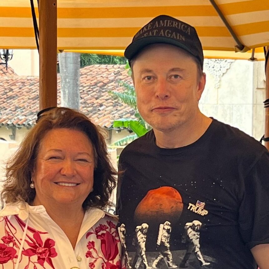 Gina Rinehart poses for a photo with Elon Musk.