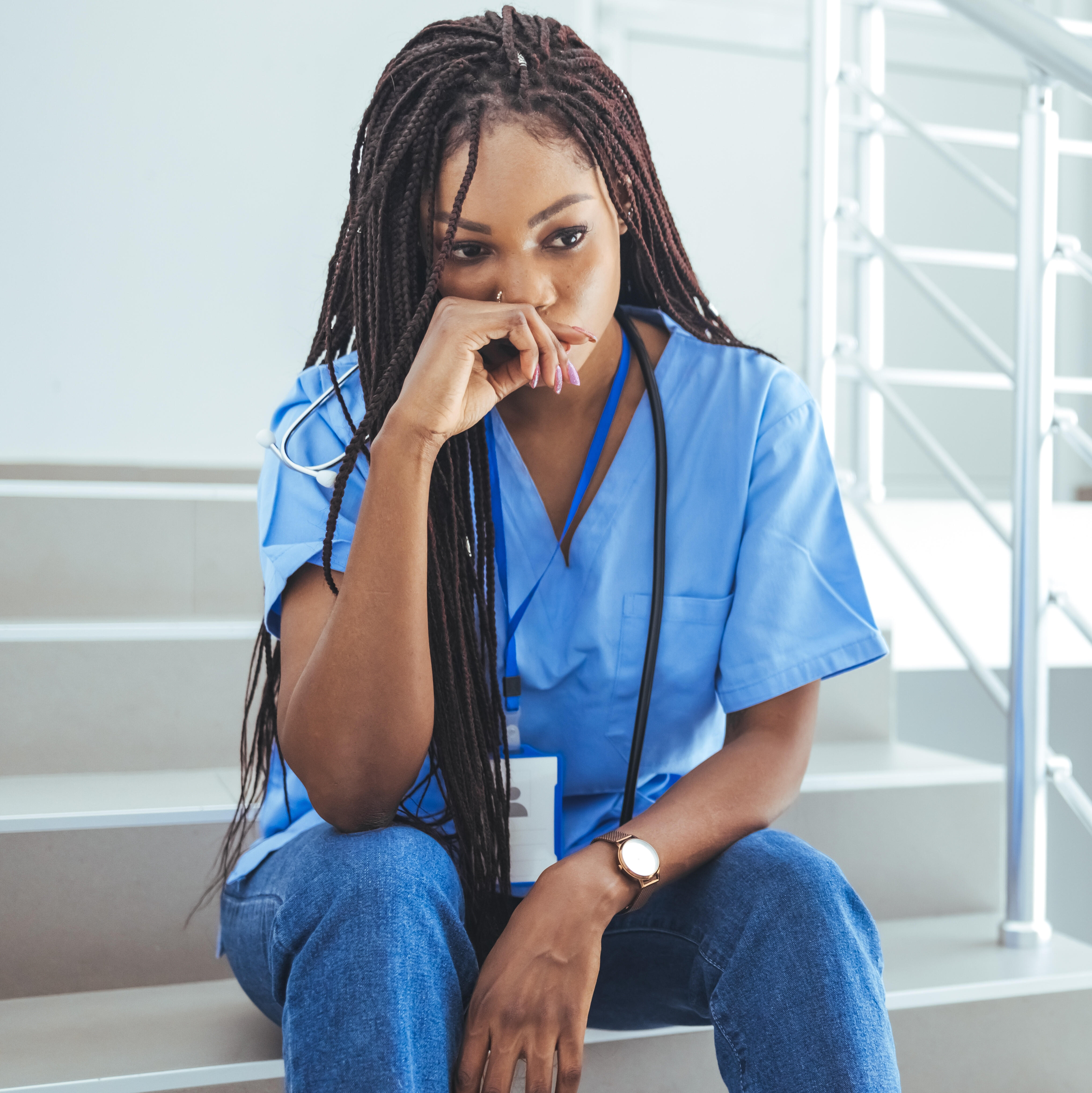 A stressed-out nurse taking a break.