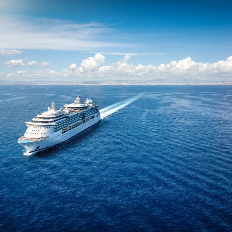 Aerial front view of a generic cruise ship sailing with speed over calm ocean.