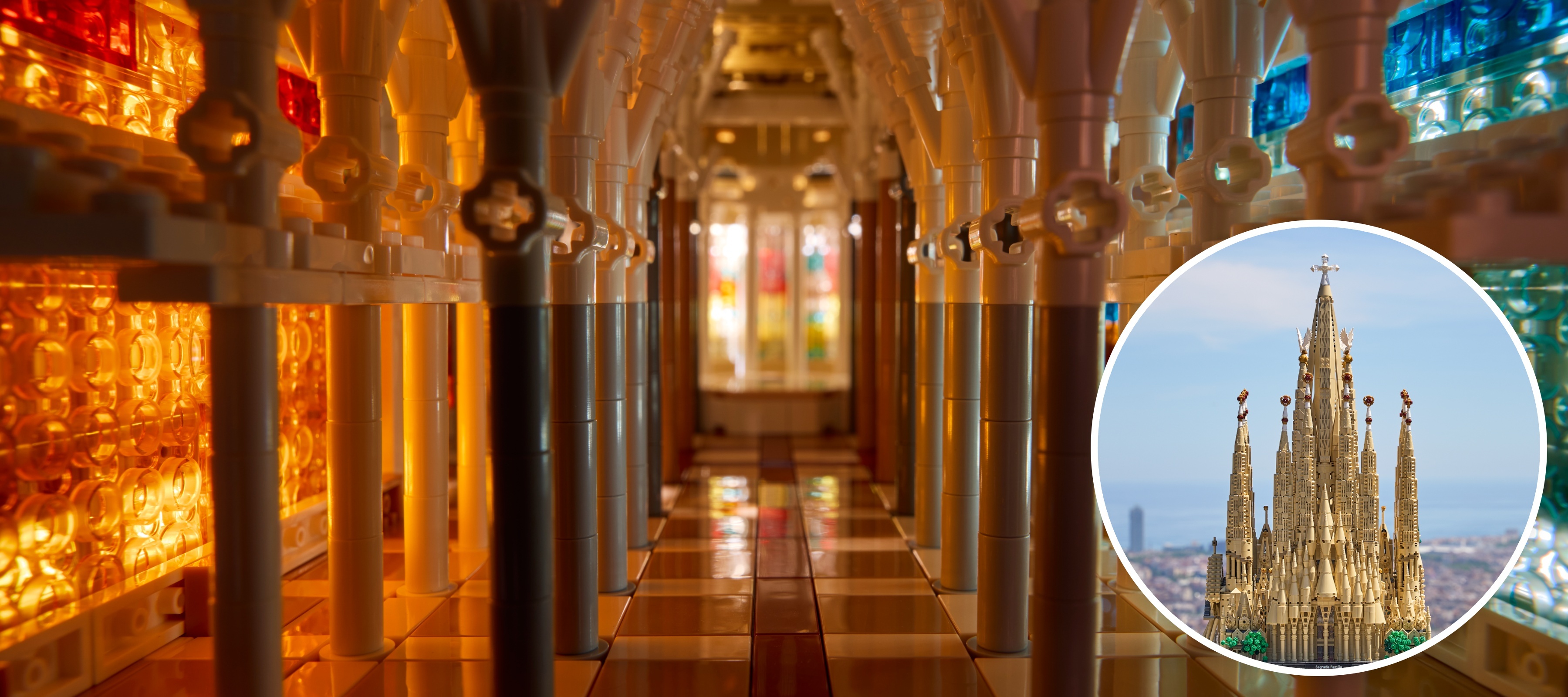 Collage image of close up of stained glass details and full-scale set of Lego's new Sagrada Familia set.
