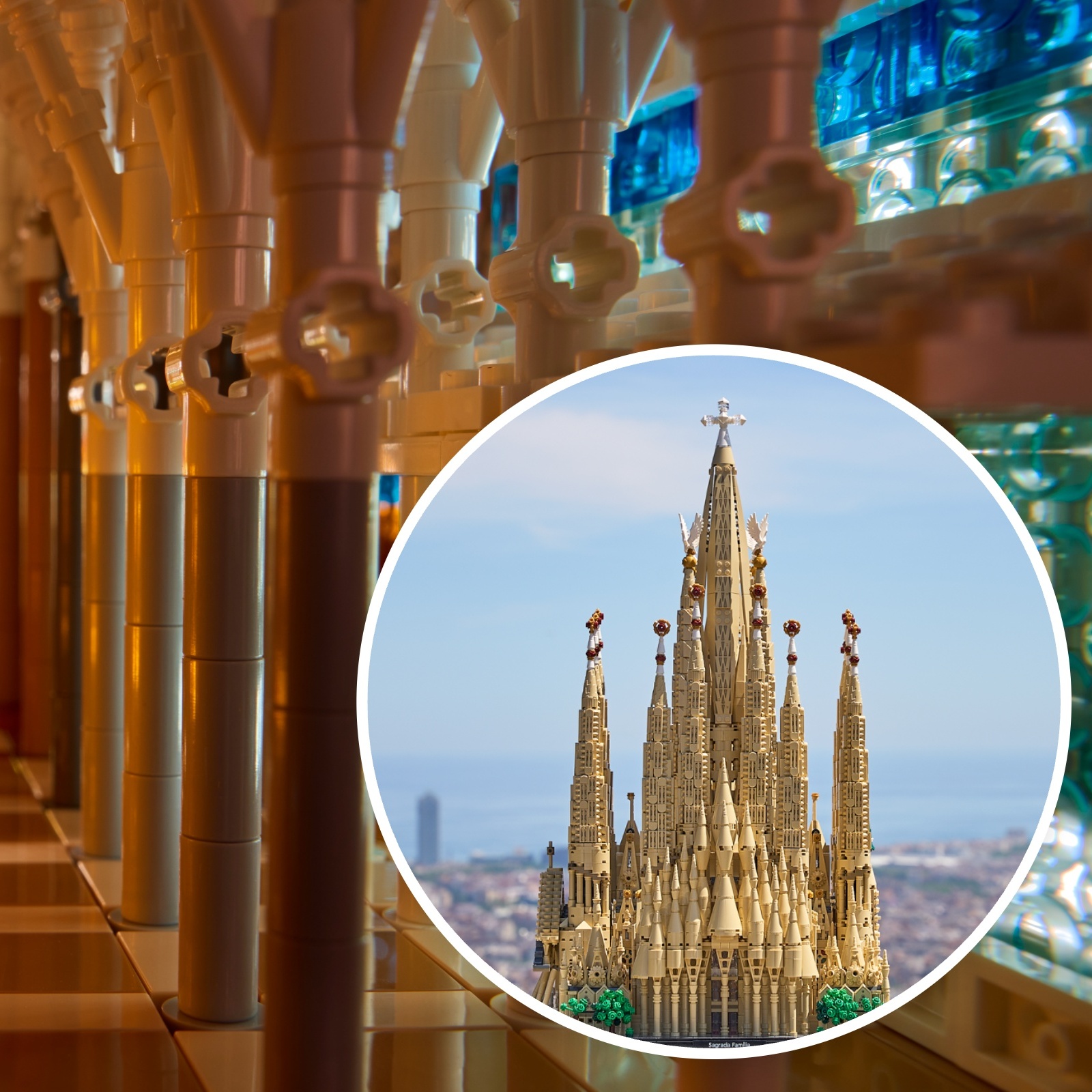 Collage image of close up of stained glass details and full-scale set of Lego's new Sagrada Familia set.