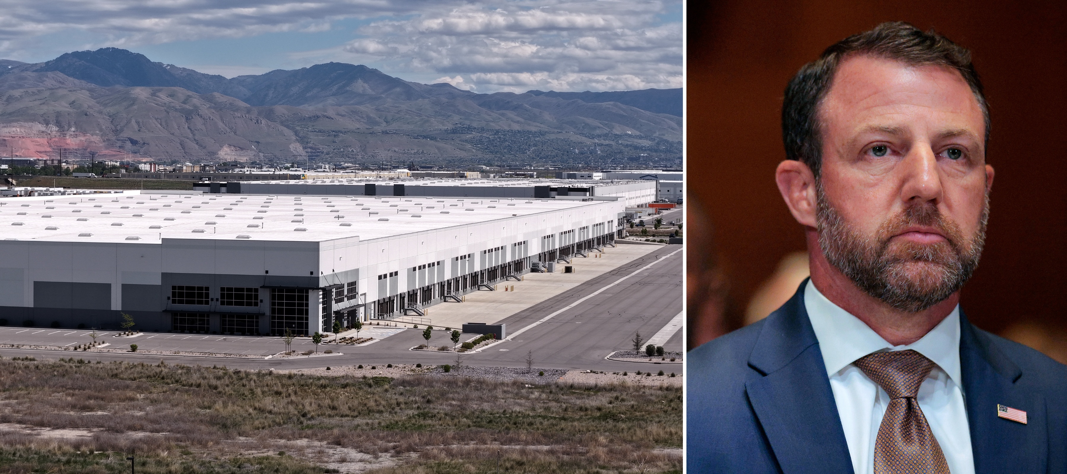 A side by side image of one of the facilities that ICE plans to sell in Salt Lake City alongside an image of Secretary of the Department of Homeland Security Markwayne Mullins.