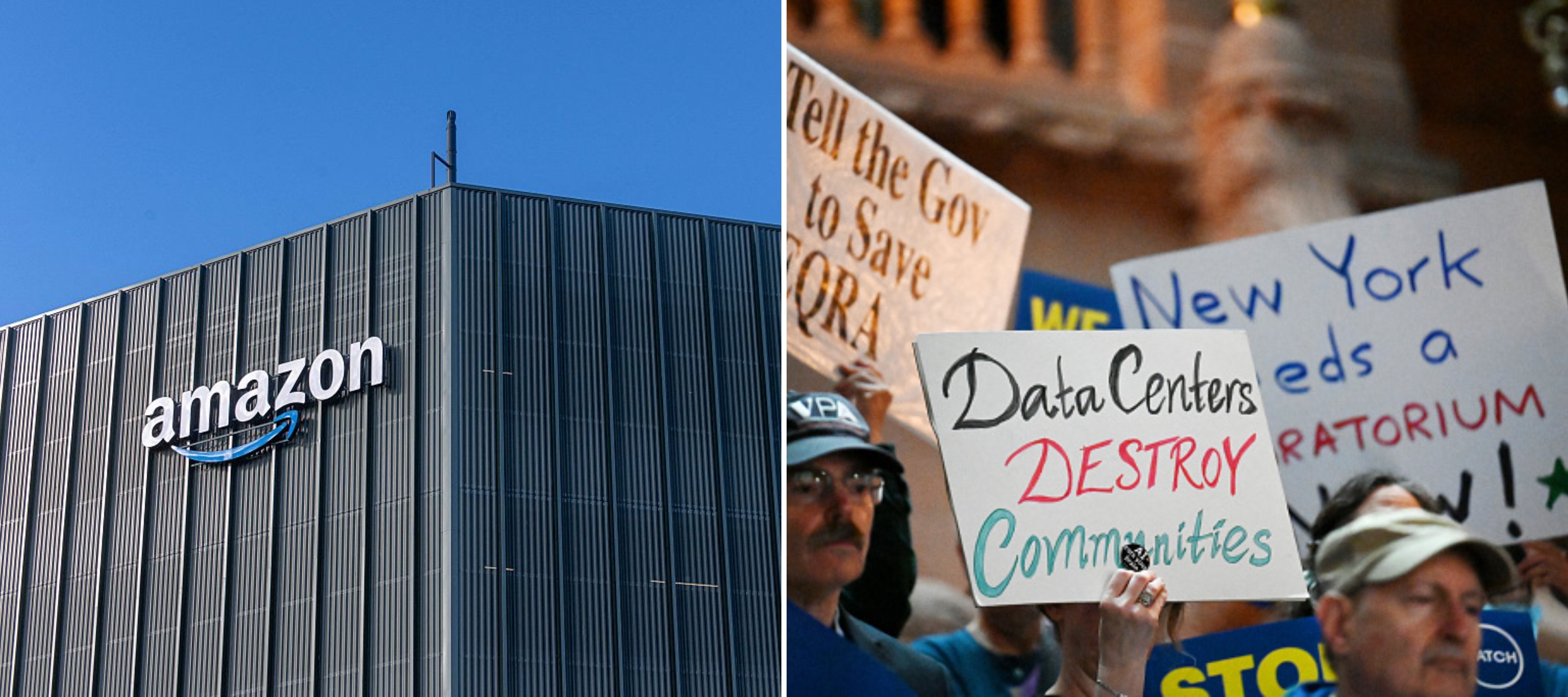 Left: Amazon warehouse Right: Rally against AI data centers.