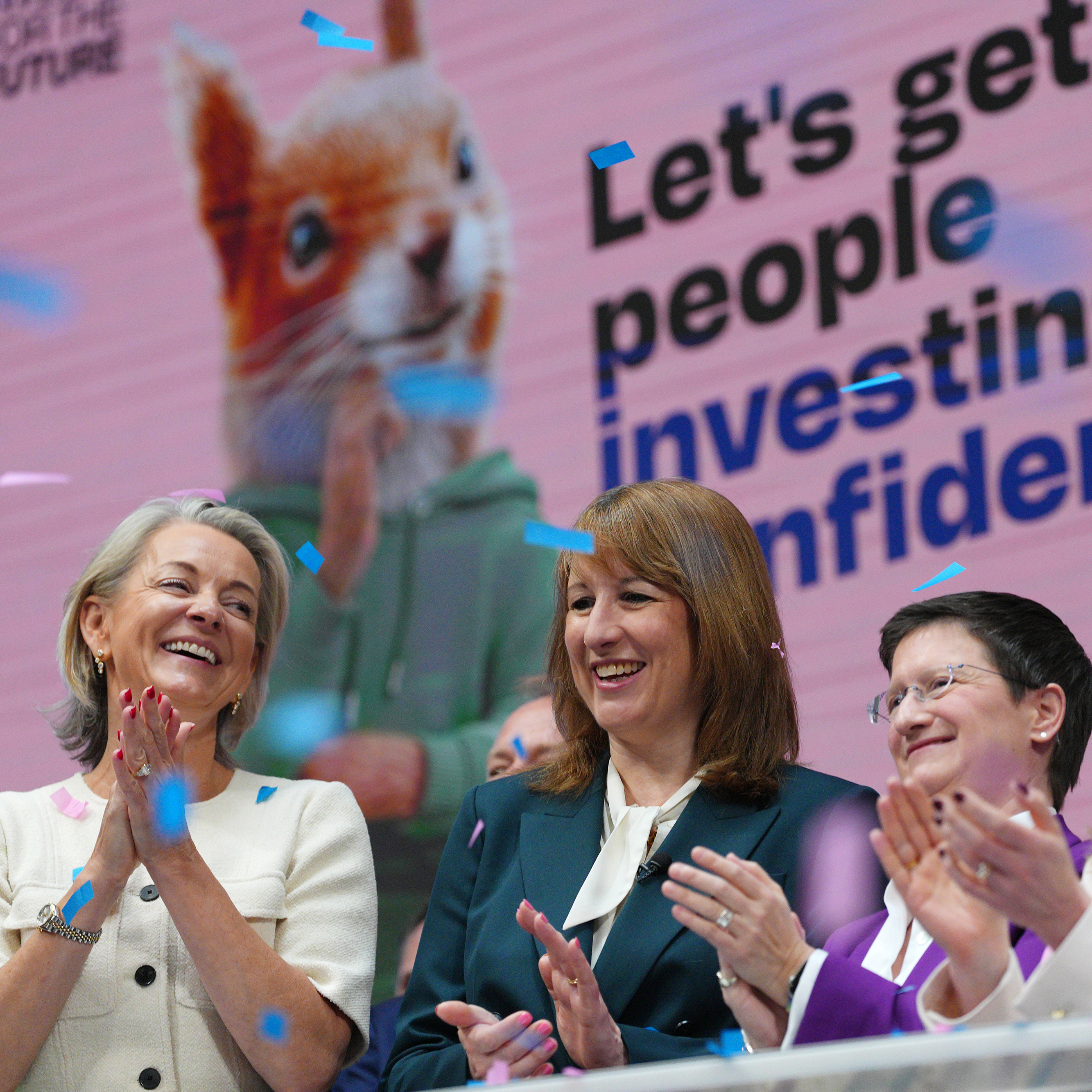 Chancellor Rachel Reeves, Julia Hoggett, CEO of LSEG and Lucy Rigby, Economic Secretary to the Treasury, launch a new campaign to get Brits investing, at the London Stock Exchange.