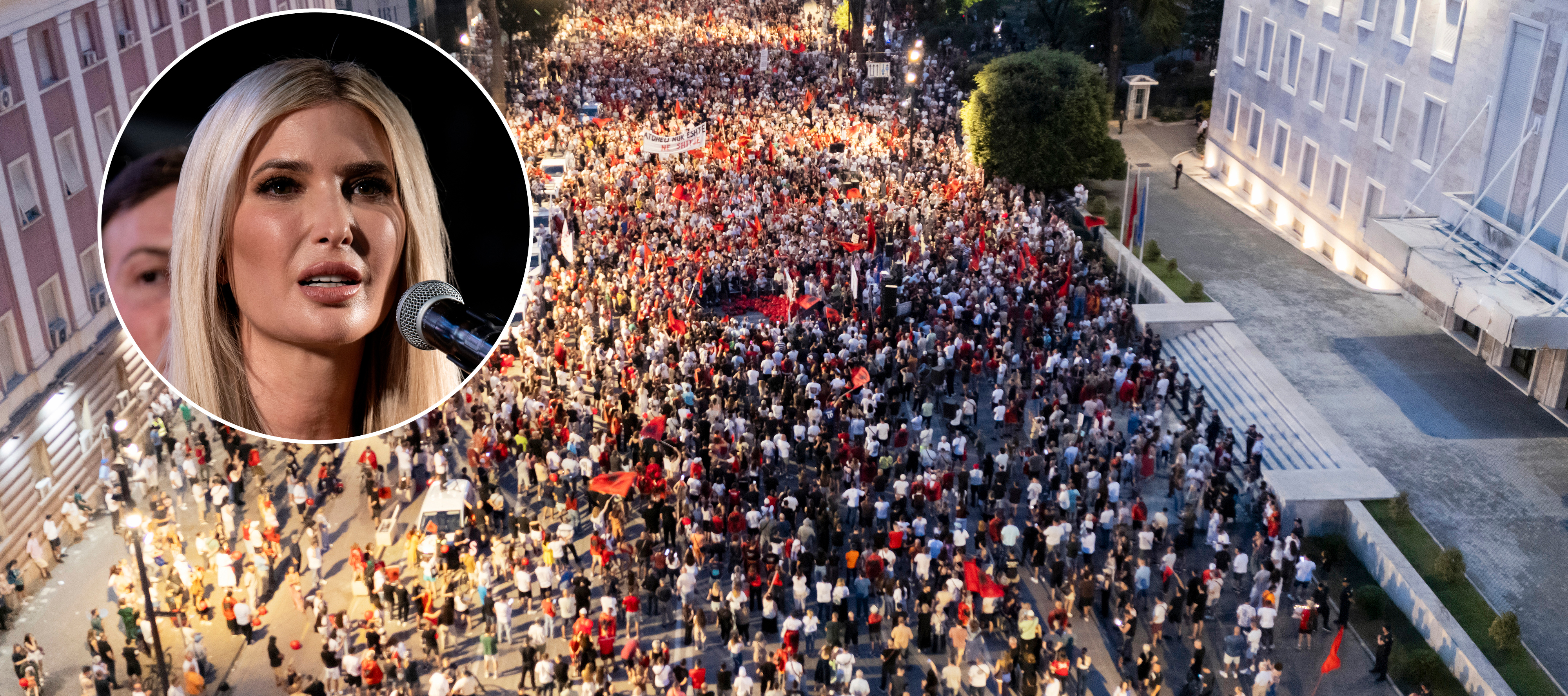 A drone view shows thousands of protesters carrying banners, placards, and Albanian flags in central Tirana with a photo of Ivanka Trump in the inset.