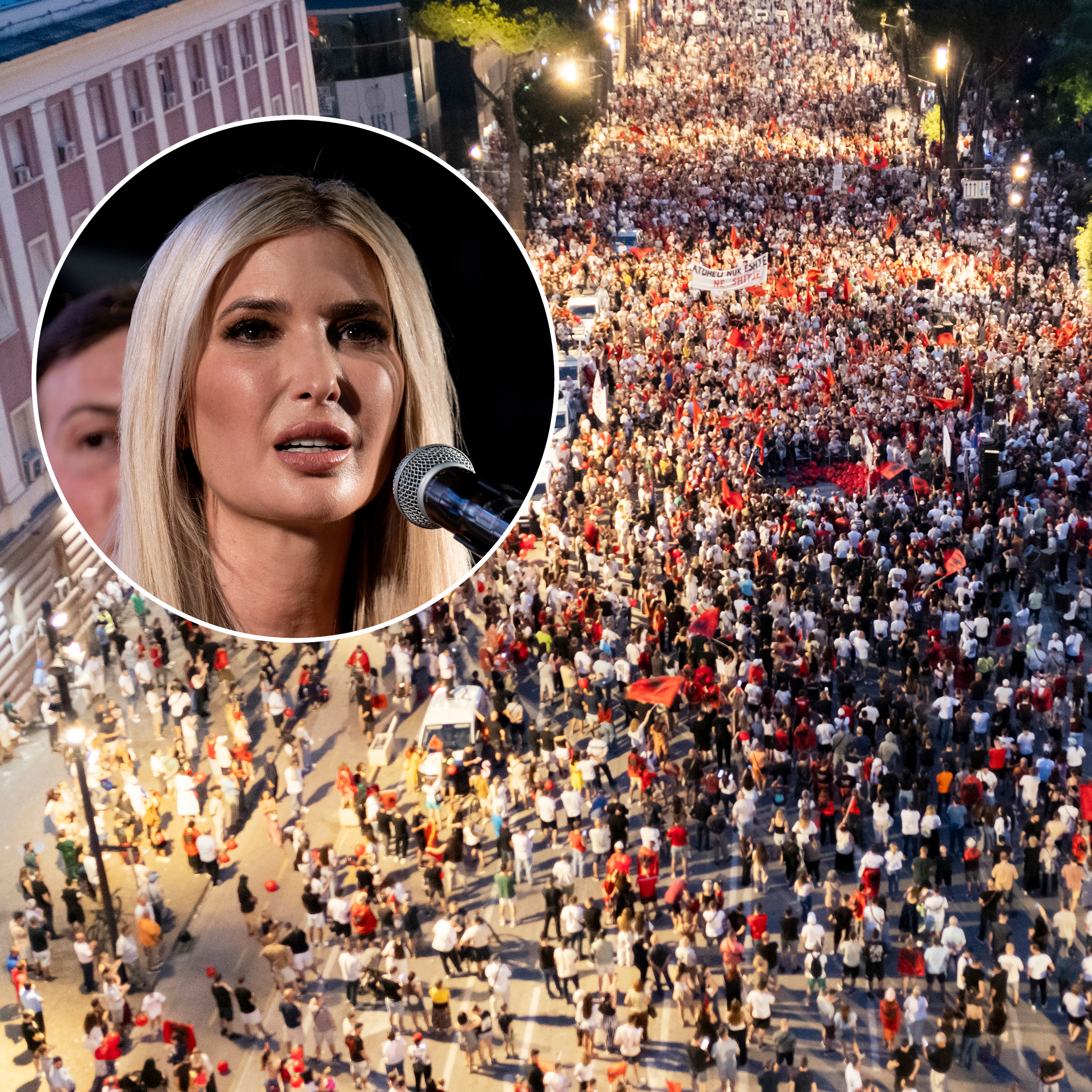 A drone view shows thousands of protesters carrying banners, placards, and Albanian flags in central Tirana with a photo of Ivanka Trump in the inset.