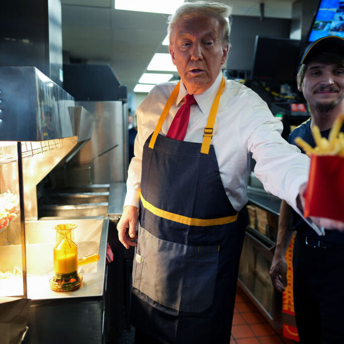 Photo of President Donald Trump serving fries at a McDonald's