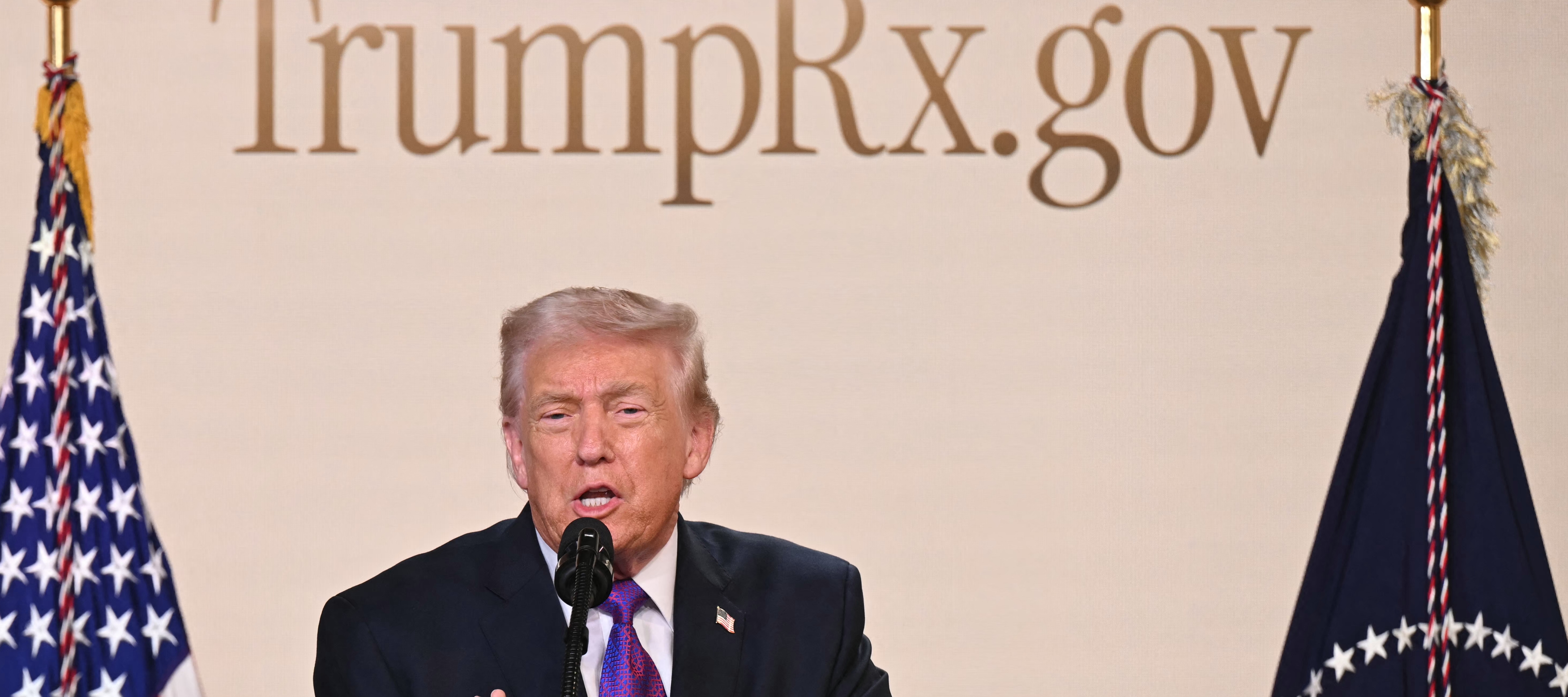 US President Donald Trump speaks to introduce the new TrumpRx website in the South Court Auditorium of the White House in Washington, DC.